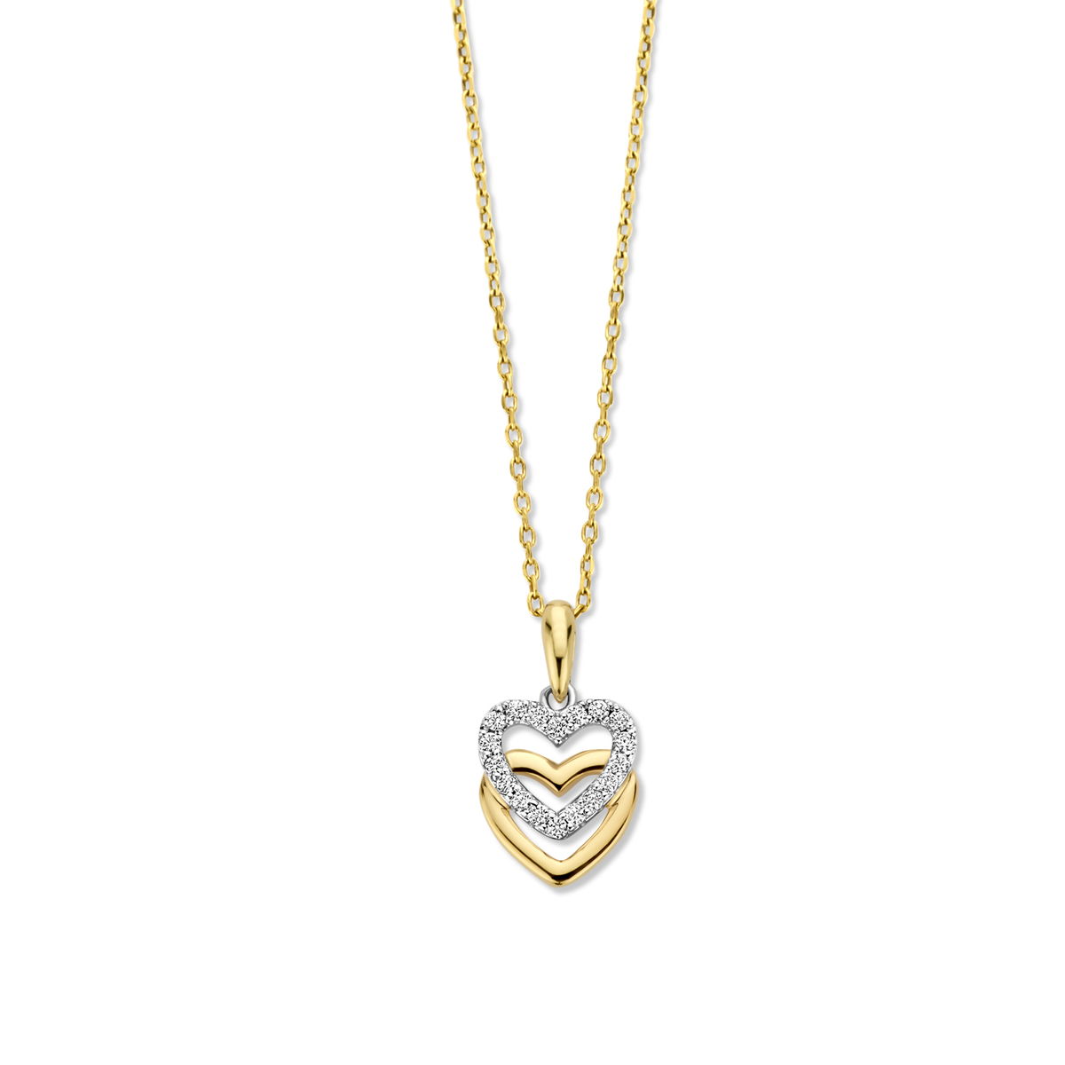 Zilveren geel vergulde ketting+bicolor hanger met hartjes + CZ 40-42-45cm Naiomy