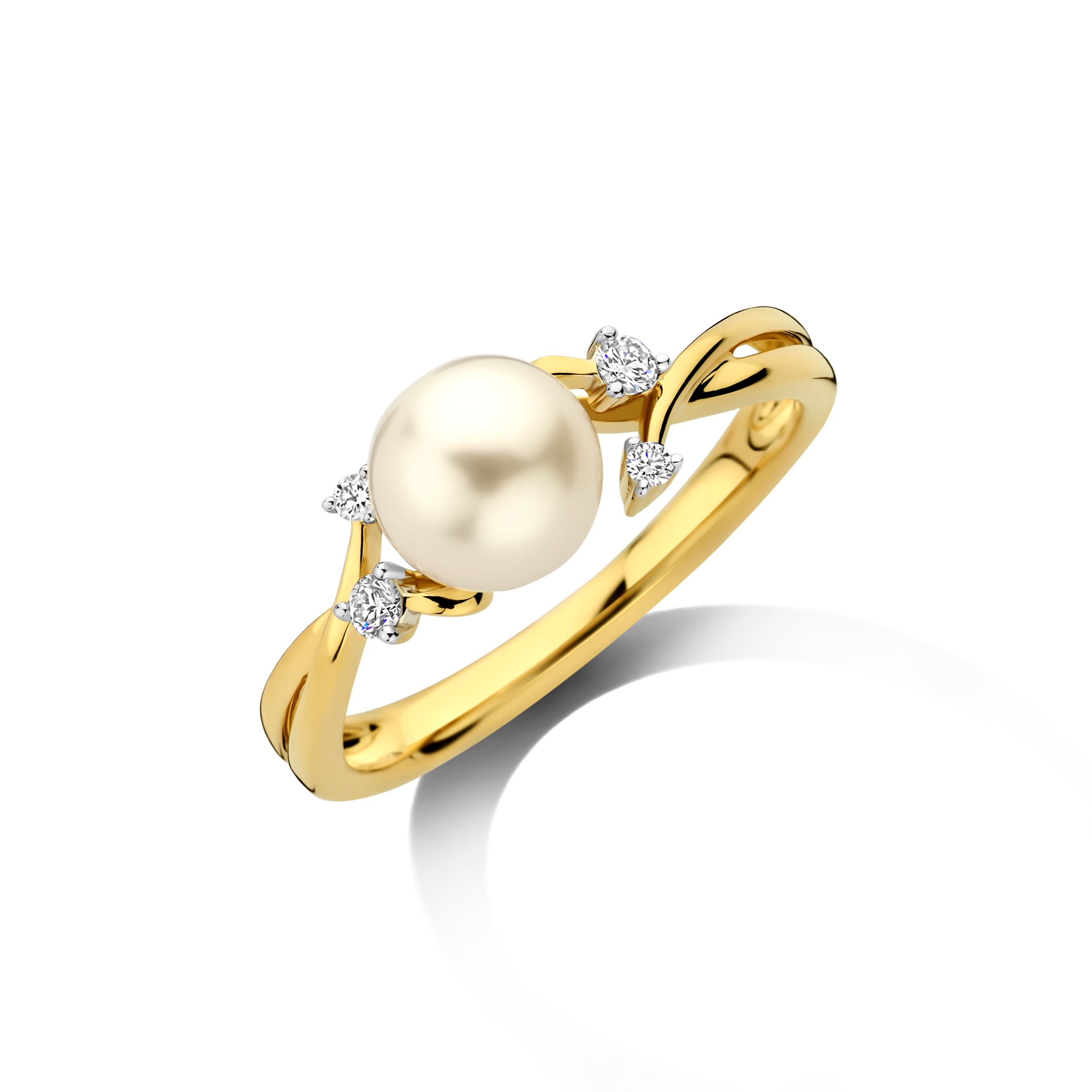 Bicolor 18 karaat ring met 0.08ct briljant en zoetwaterparel