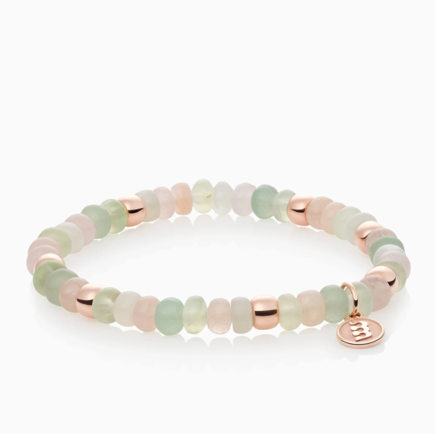 BRON Reflex armband met grijze maansteen en zoetwaterparel met 18 krt rose goud.