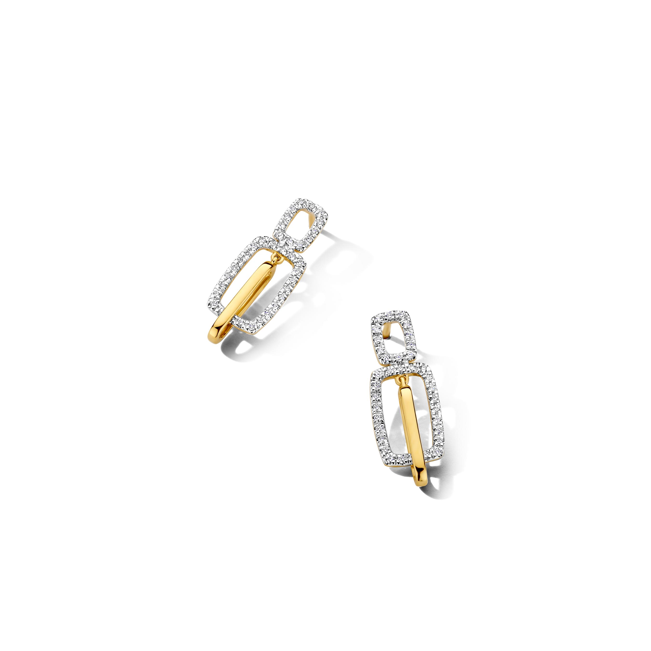 Fijne bicolor oorbellen in 18 karaat gezet met natuurlijke briljanten 0.17ct. Zeer moderne stijl vanuit de collectie van Dulci Nea.