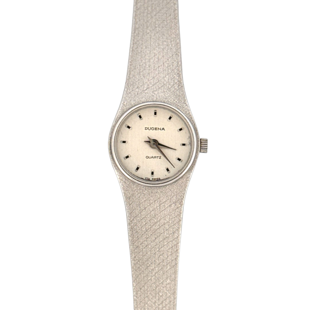 De Dugena Horloge 14krt Witgoud, is een elegant polshorloge. Kenmerken: zilverkleurige Milanese mesh band, ronde gouden kast, witte analoge wijzerplaat. De kast is 7 mm dik, zonder datumaanduiding. Perfect voor formele gelegenheden of zakelijke outfits. Draag hem met een strak pak of een nette blouse voor een tijdloze uitstraling.