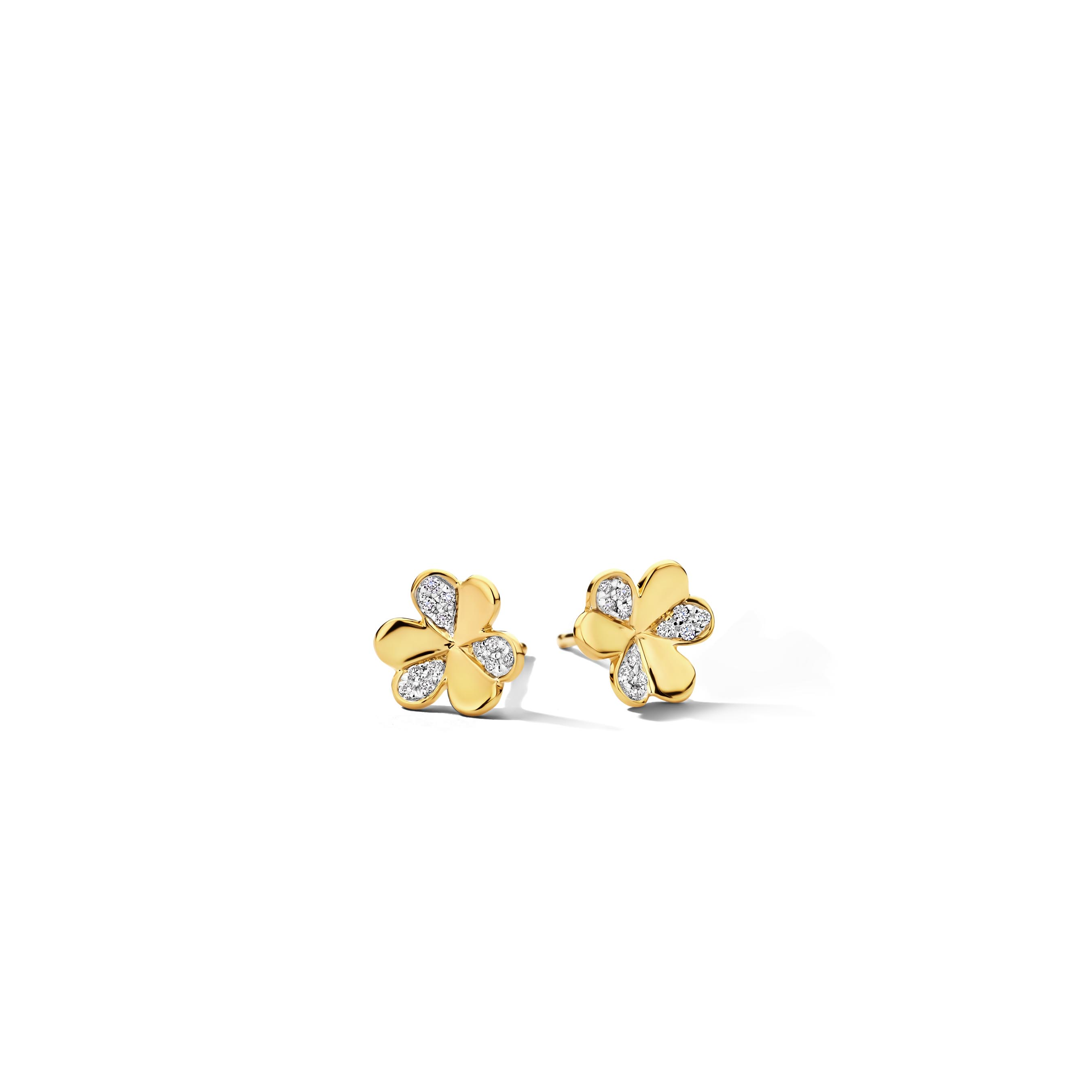 Oorbellen in  18 karaat geel goud klavertje vier met natuurlijke briljant, 0.07ct 