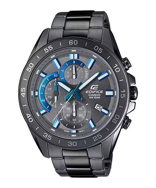 Model met nieuwe kleuren voor de standaard EDIFICE Chronograph EFV-550-serie. &bull; Retrograde chronograaf &bull; Stopwatch &bull; Waterbestendig 100 meter &bull; Datumweergave &bull; Roestvrijstalen band &bull; Grijze behuizing met ion plating en band