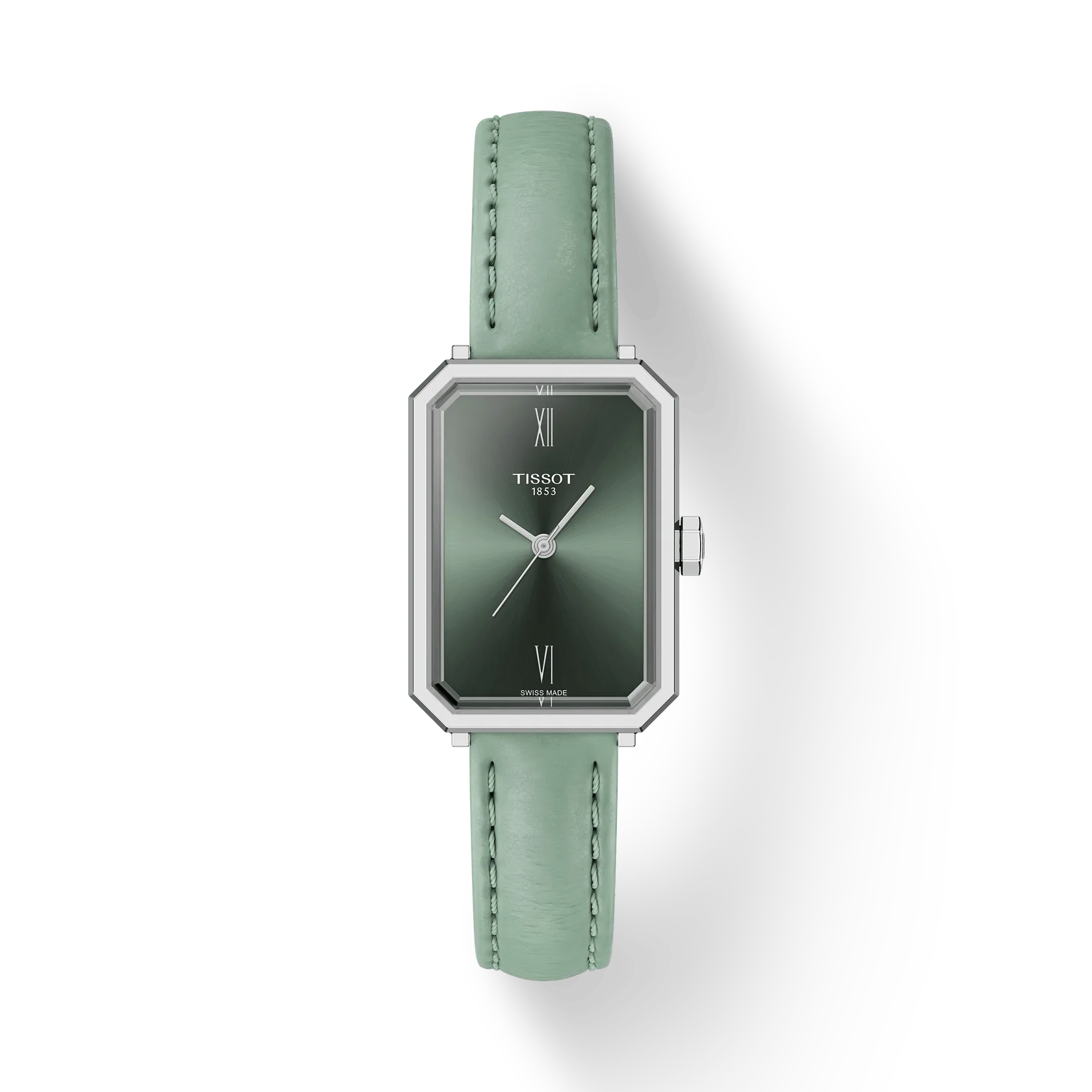 Een polshorloge Tissot model SRV langwerpig model met zacht groene wijzerplaat en leren band.