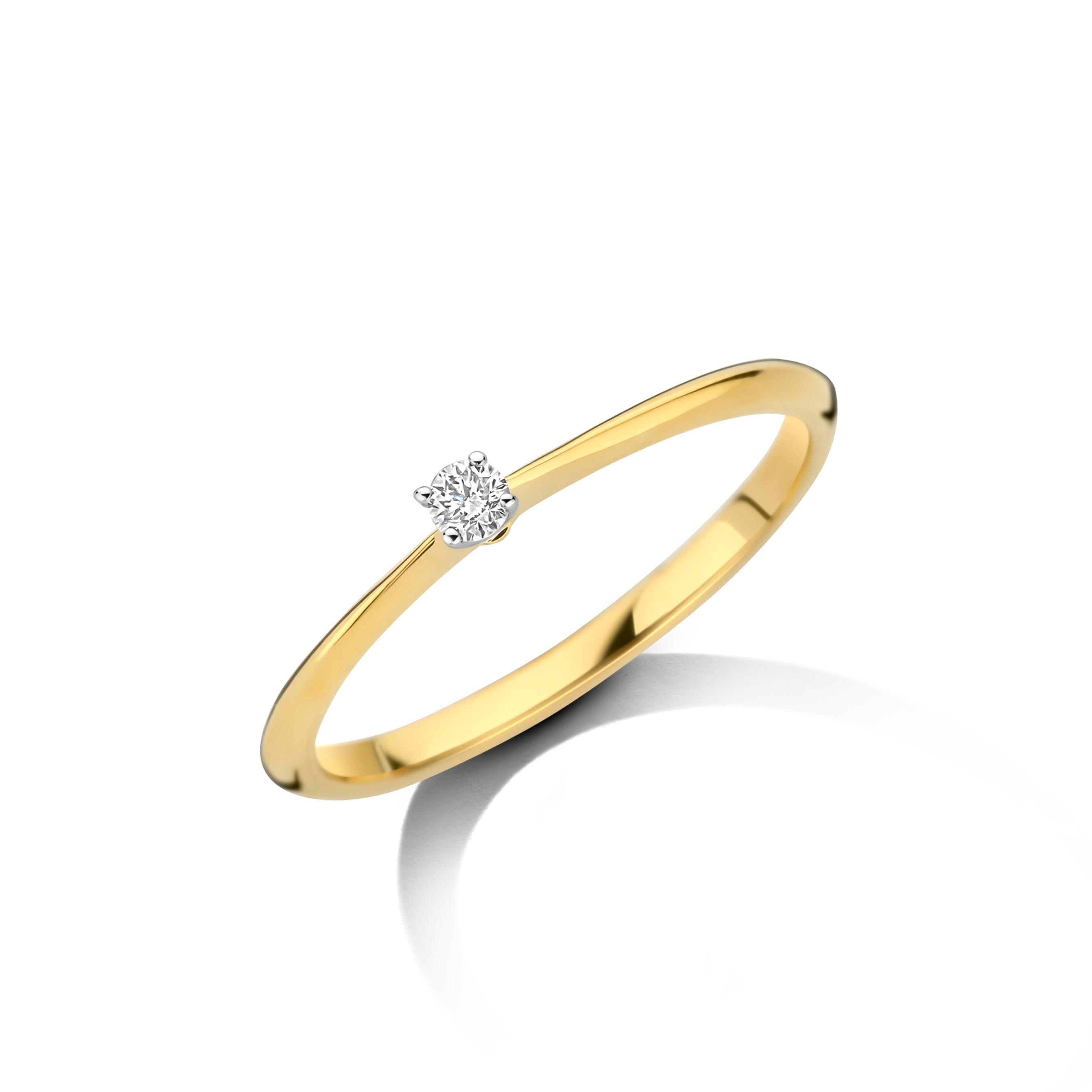 Verlovingsring in 18 karaat geel goud met centrale natuurlijke briljant 0.05ct . Ideaal om trouwring tegen aan te schuiven. 