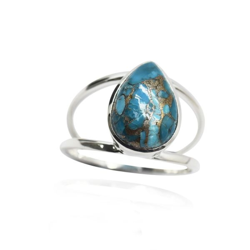 Sterling zilveren ring met druppelvormig cabochon geslepen koper turkoois natuursteen.