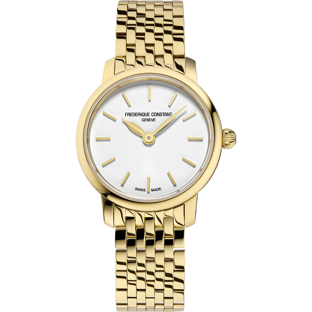 De Frederique Constant Classic Slimline FC-200S5B horloge biedt verfijnde elegantie met een vergulde roestvrijstalen kast en armband. Met Zwitserse quartz beweging, analoge weergave en een saffierglas biedt het betrouwbaarheid en stijl. Ideaal voor formele gelegenheden, draag het bij een elegante outfit om een klassieke en verfijnde look te completeren. 