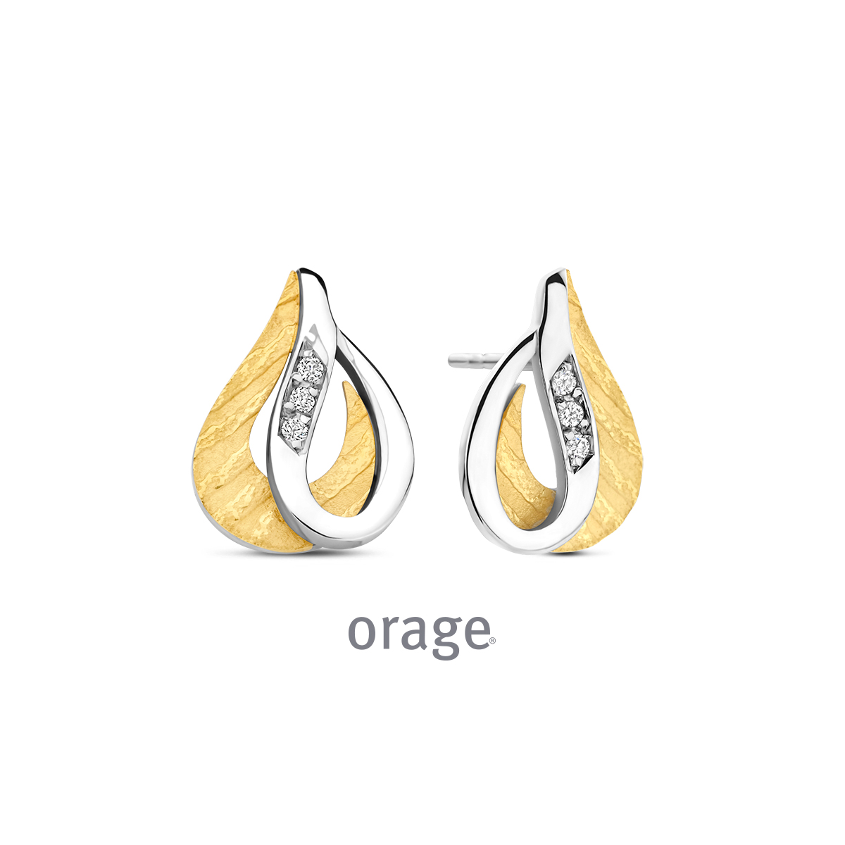 Orage oorstekers zilver bicolor geel met zirkonia steentjes