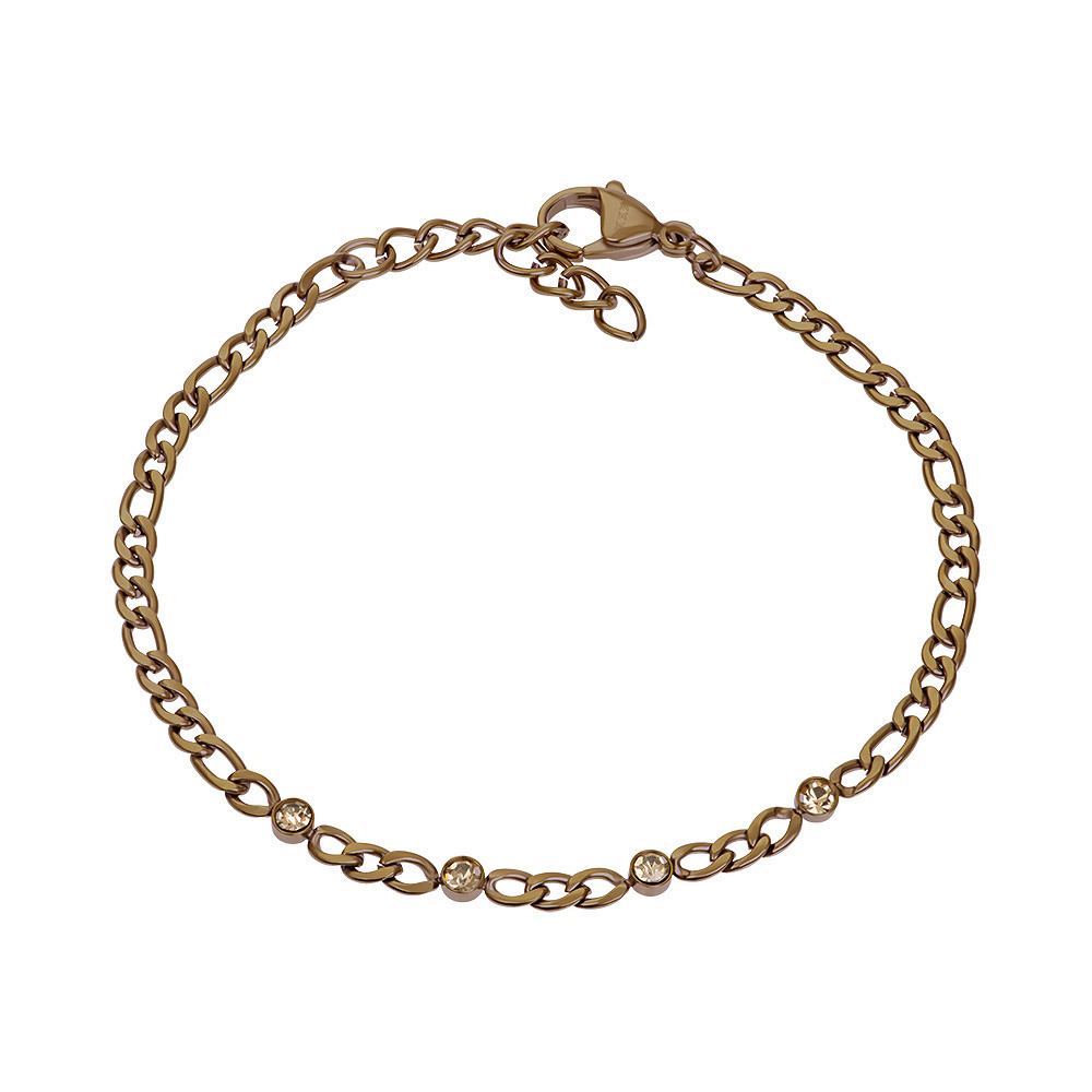 De iXXXi armband Memories Light Topaz is gemaakt van stainless steel. De bruinkleurige armband bestaat uit een fijne, platte schakel in verschillende groottes en is voorzien van vier licht bruinkleurige zirconia’s.