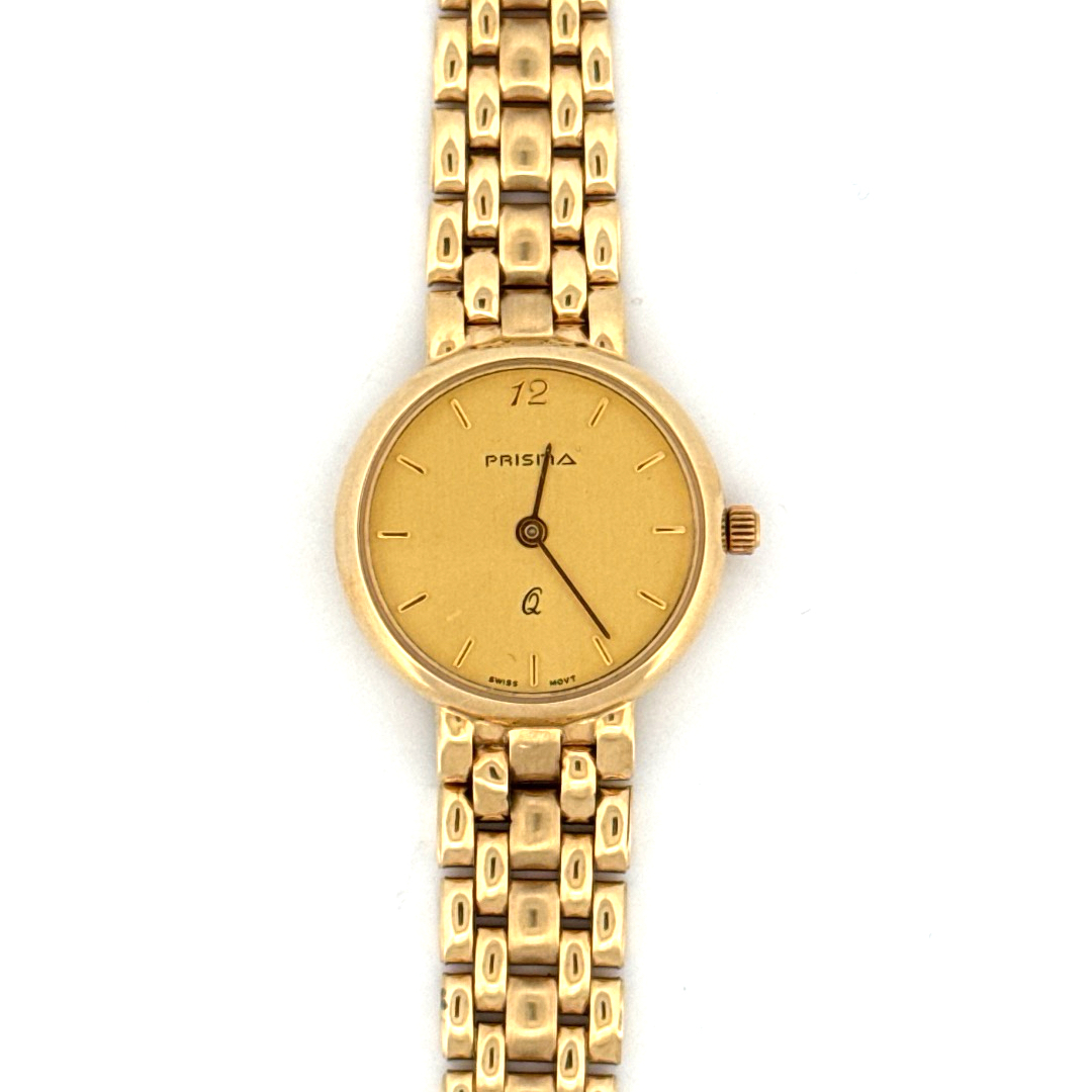 De Prisma Horloge 14krt Geelgoud A325302 is een elegante damespolshorloge met een gouden kast en band van massief goud. Het beschikt over een Zwitsers quartz uurwerk, analoge wijzerplaat met strepen, saffierglas en een diameter van 24 mm. Perfect voor formele gelegenheden, voeg een vleugje luxe toe aan elke outfit. 

Draag bij voorkeur bij stijlvolle en chique kleding.