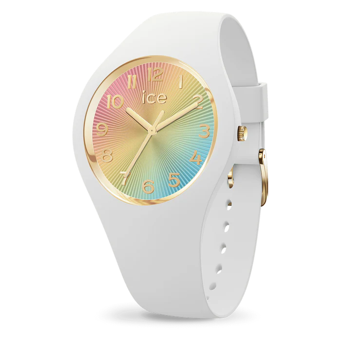 De ICE Watch ICE Champagne White Rainbow 025249 is een stijlvolle polshorloge van 37mm. Het heeft een rond wit kast van plastic-silicone, een mineraalglas, en een witte kunststof-silicone band. Dit analoge horloge met kwartsbeweging is waterdicht tot 100 meter. Ideaal voor dagelijks gebruik, zowel casual als sportief. 