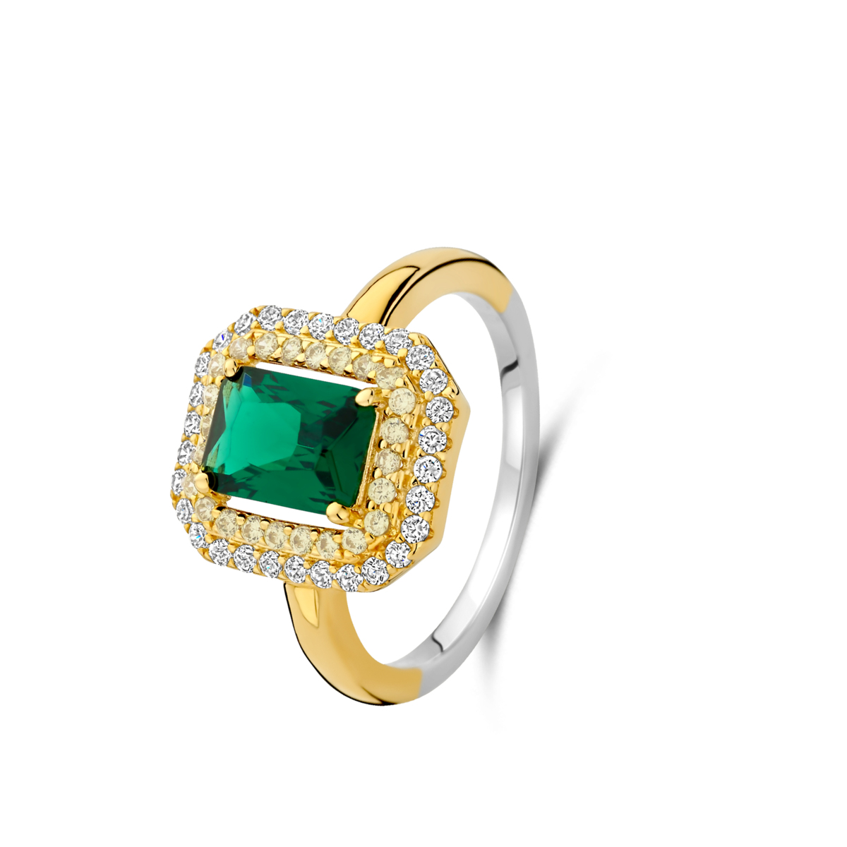 Zilveren geel vergulde ring met groene middensteen + witte CZ Naiomy