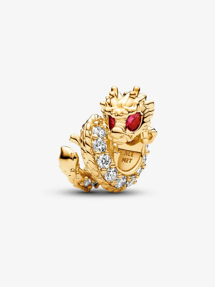Dragon 14k gold-plated charm with fuchsia rose crystal and clear cubic zirconia 
Chinees jaar van de draak-bedel