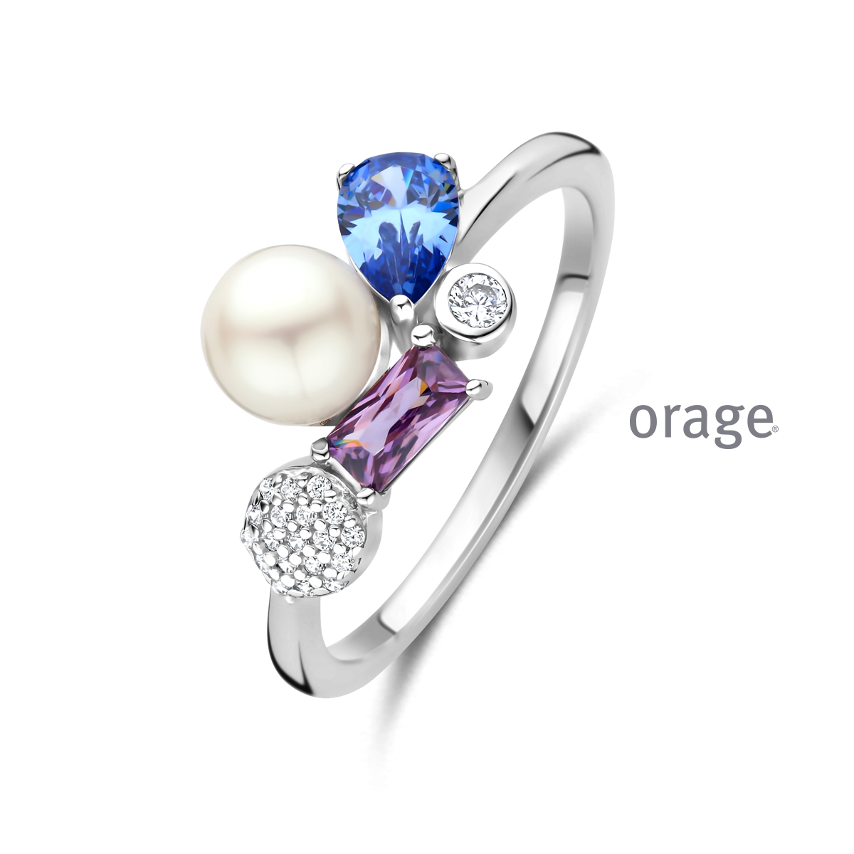 Orage Ring Zilver met parel en zirconia in paars en blauw