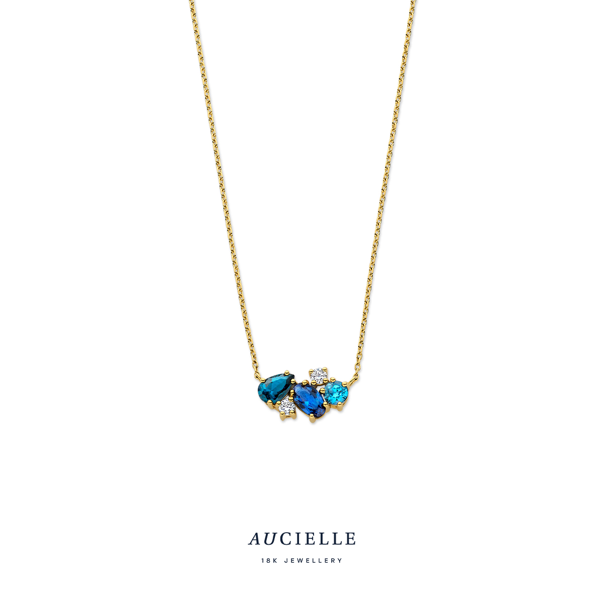 AuCielle Collier goud 18k gezet met blauwe zirconia - 45cm