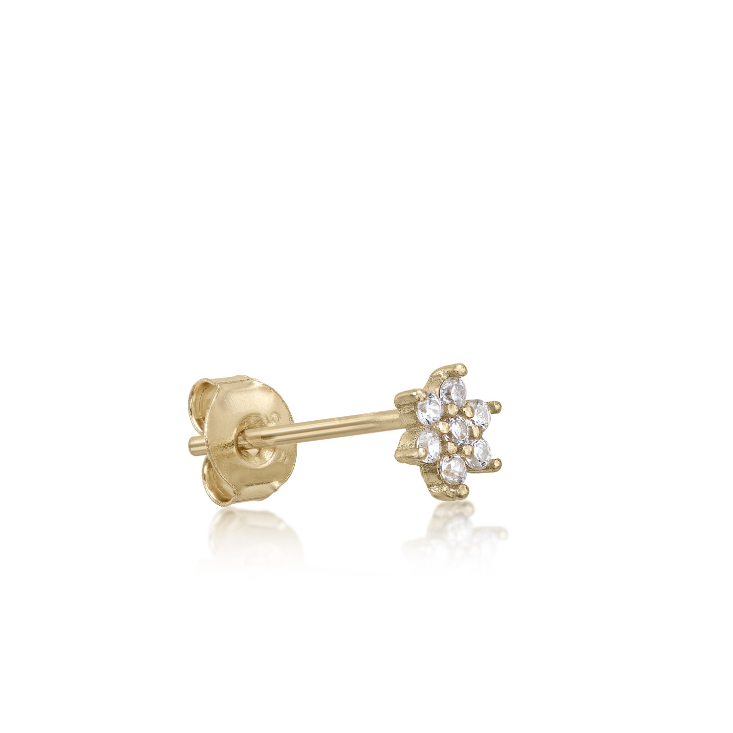 Vergulde zilveren bloemvormige piercing voor vrouwen. Een onmisbaar design. Kleine vergulde zilveren oorbellen met een bloem van witte zirkonia. Ideaal te combineren met andere piercingoorbellen. 