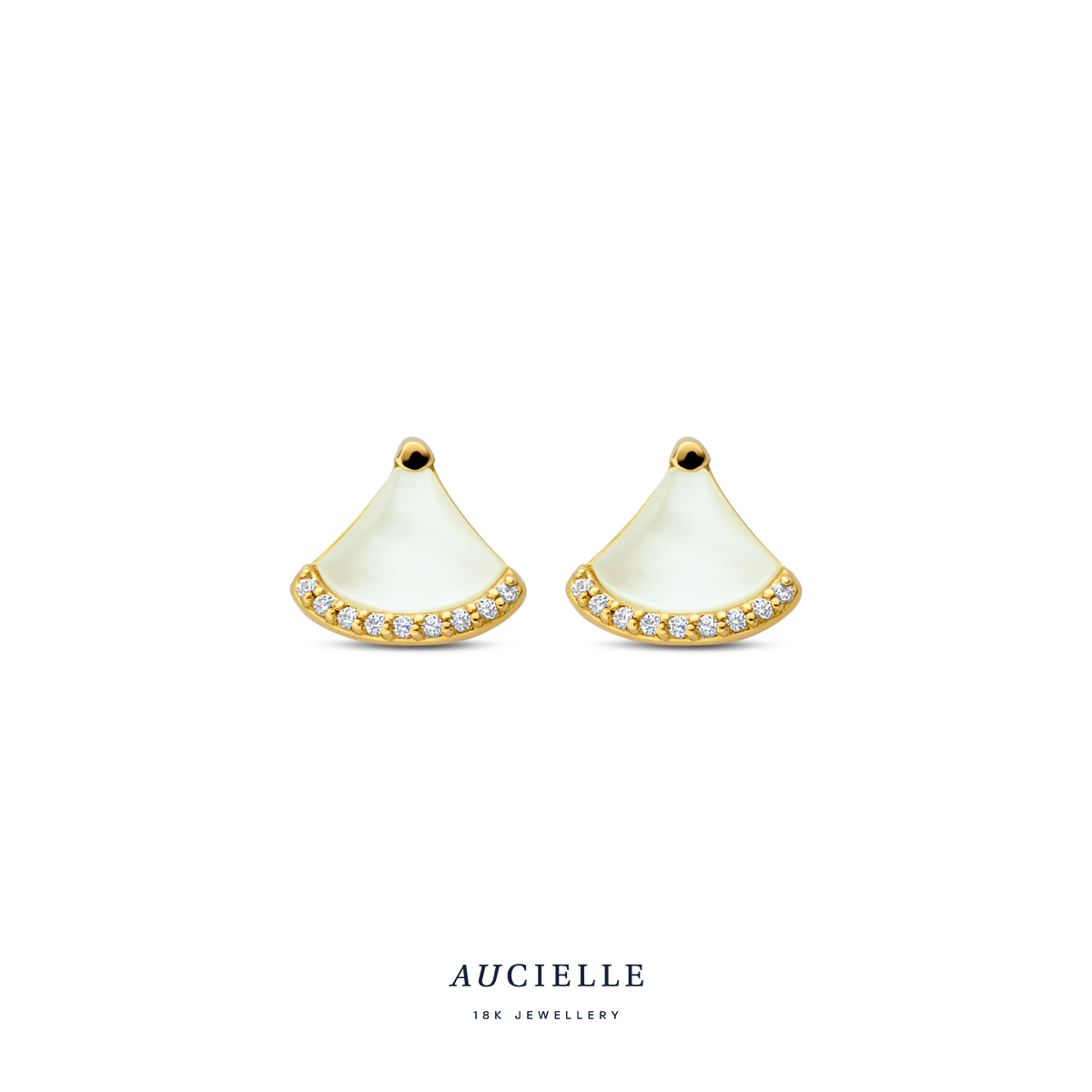 Aucielle Oorstekers goud 18k met parelmoer en zirconia - Ginkgo Biloba