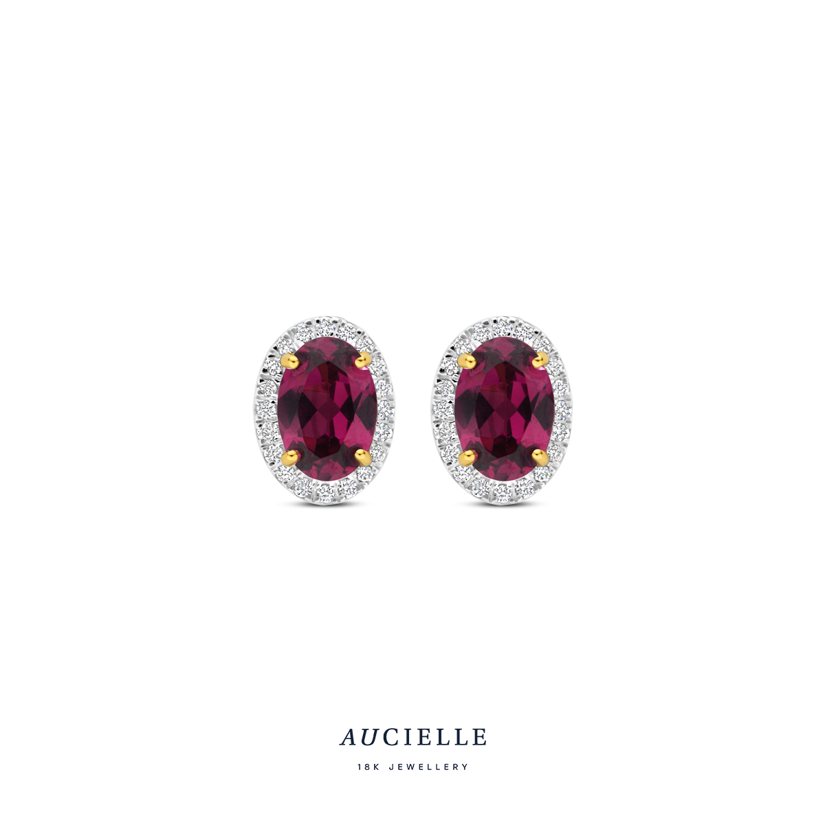 AuCielle Oorstekers goud 18k met Rhodolite en briljant