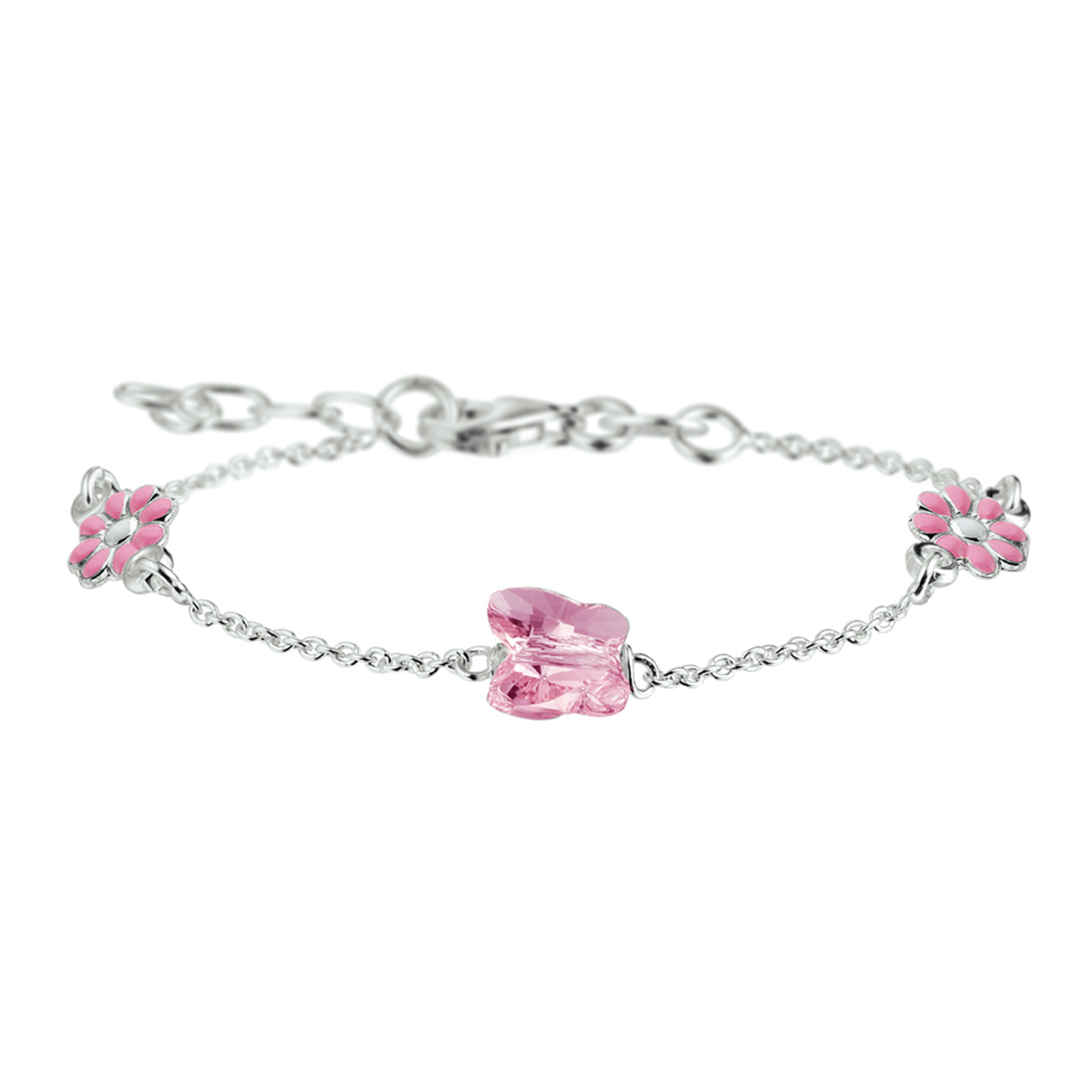 Zilveren armband met roze bloem en vlinder. De armband is onderdeel van een set. De lengte van de armband bedraagt 13cm met 2cm. De schakelbreedte bedraagt 1.4mm.