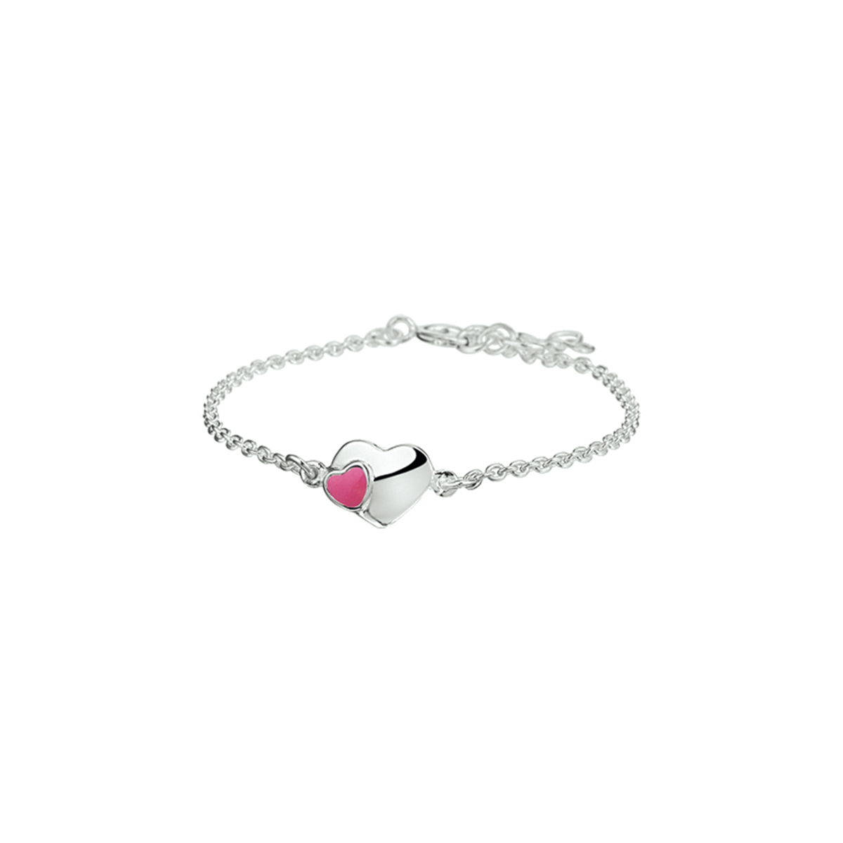 Zilveren armband met een hartje en roze emaille. De lengte bedraagt 13cm met 2cm extensie. De armband is onderdeel van een set. De schakelbreedte bedraagt 1.5mm.