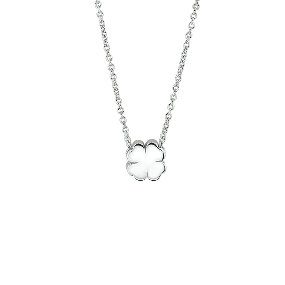 Gerhodineerd zilveren collier met een klavertje. De lengte bedraagt 41cm met 4cm extensie en de schakelbreedte is 1.3mm.