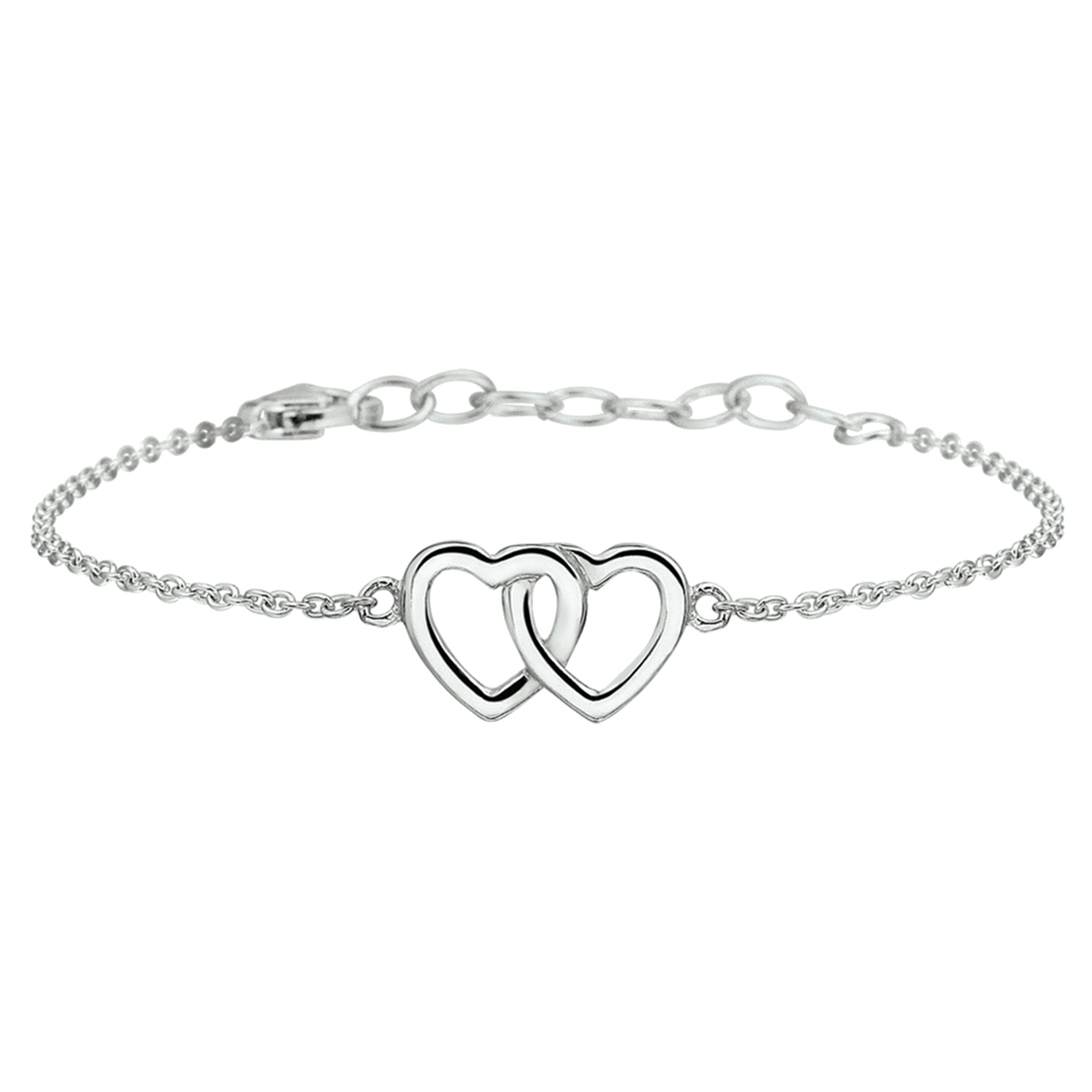Gerhodineerd zilveren armband met harten. De lengte bedraagt 13cm met 3cm extensie. De schakelbreedte is 1.3mm. De armband is onderdeel van een set.