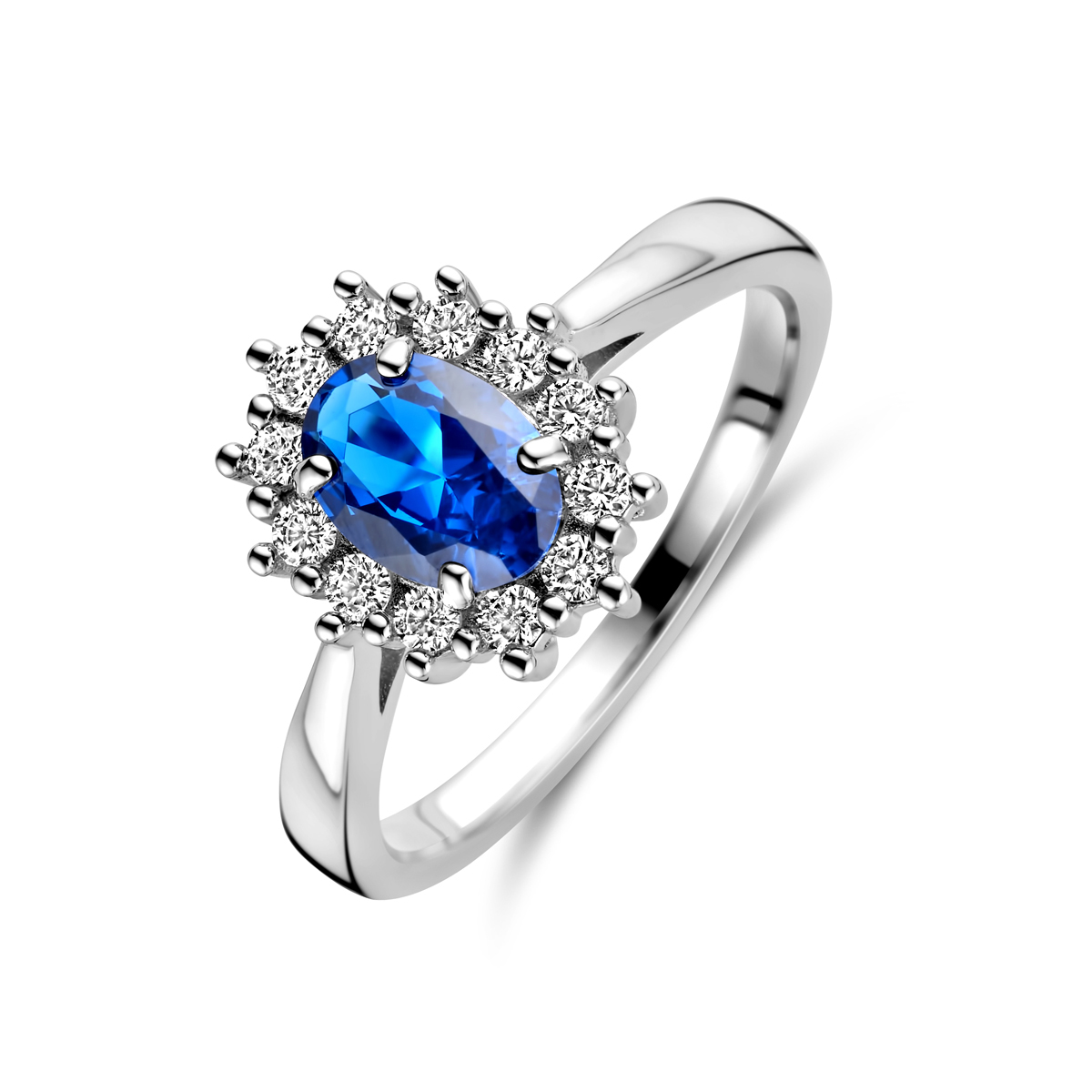 Gerhodineerd zilveren ring met synthetische saffier en zirkonia.