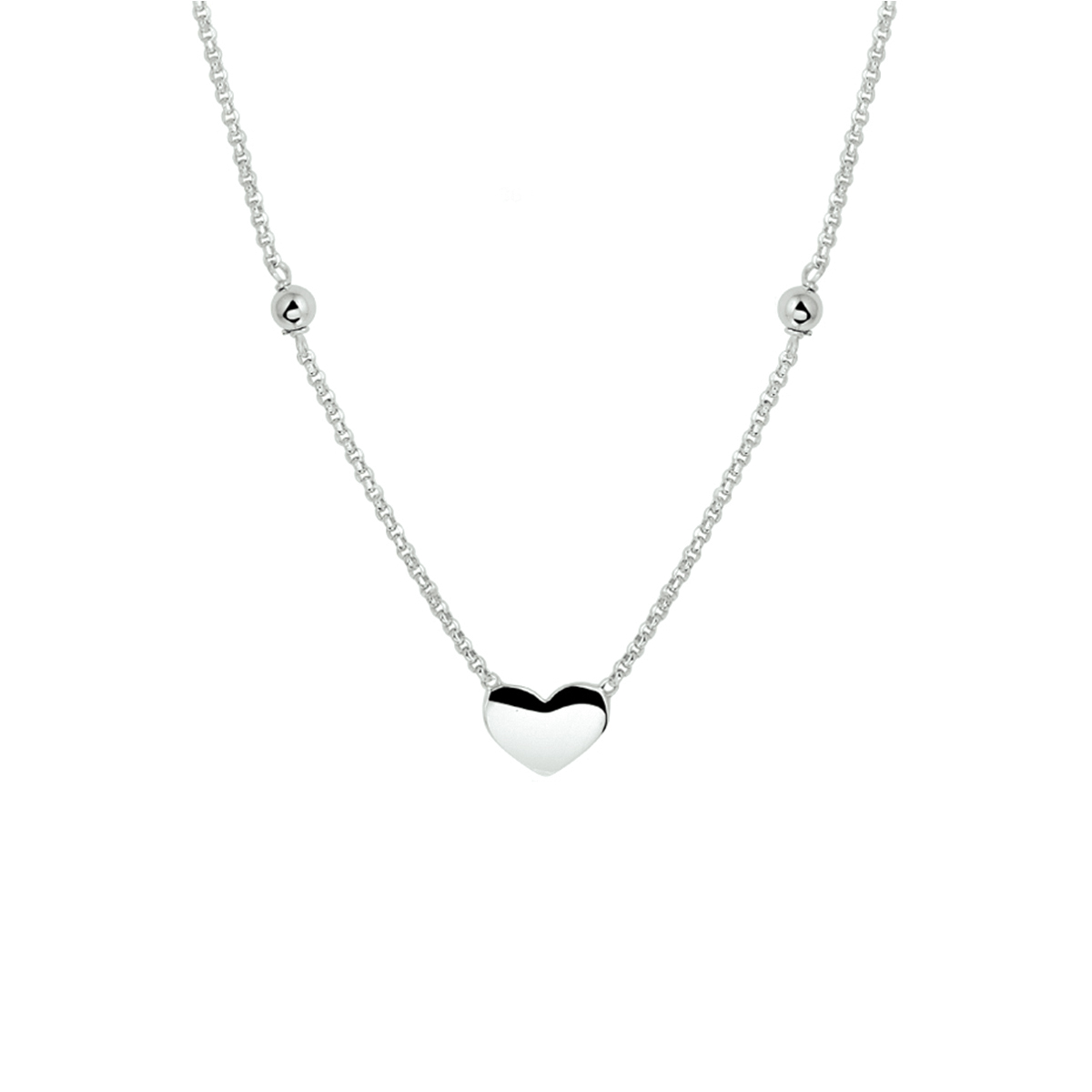 Schattig fijn gerhodineerd 925 zilveren collier uitgevoerd met een hart van 6.5x8.5mm, poli afgewerkte bolletjes van 3mm en een karabijn sluiting. Het collier heeft een draaglengte van 36cm en een extensie van 3cm. De schakelbreedte is 1.2mm.