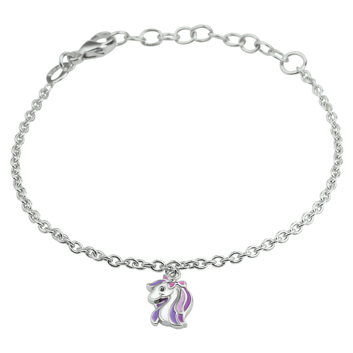 Gerhodineerd 925 zilveren armband uitgevoerd met een leuke emaille eenhoorn hanger en een stevige karabijn sluiting. De armband heeft een draaglengte van 13cm en een extensie van 3cm. De afmeting van de hanger is 11x7mm. De schakelbreedte is 1.8mm.