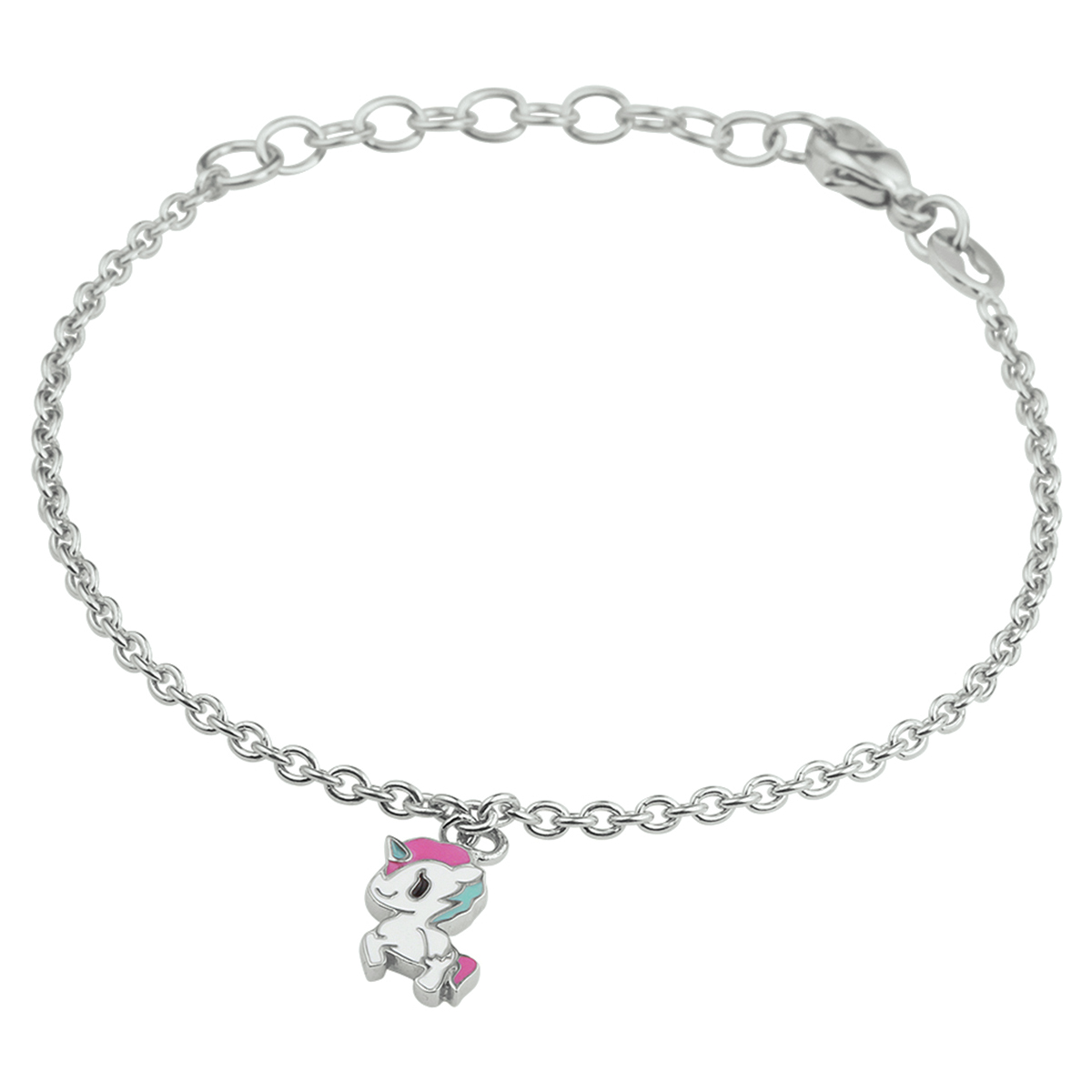 Gerhodineerd 925 zilveren armband uitgevoerd met een leuke eenhoorn hanger en stevige karabijn sluiting. De armband heeft een draaglengte van 13cm en een extensie van 3cm. De afmeting van de hanger is 11.5x7mm. De schakelbreedte is 1.8mm.