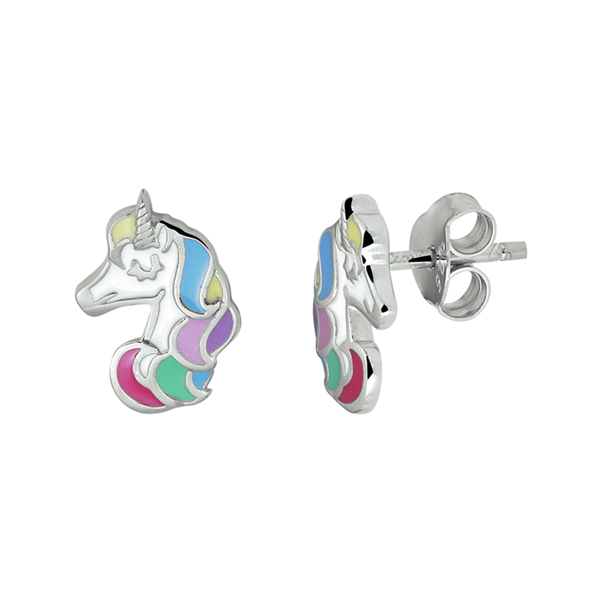 Gerhodineerd 925 zilveren oorknoppen in de vorm van een eenhoorn, uitgevoerd met gekleurd emaille. De oorknoppen hebben een afmeting van 10x7mm.
