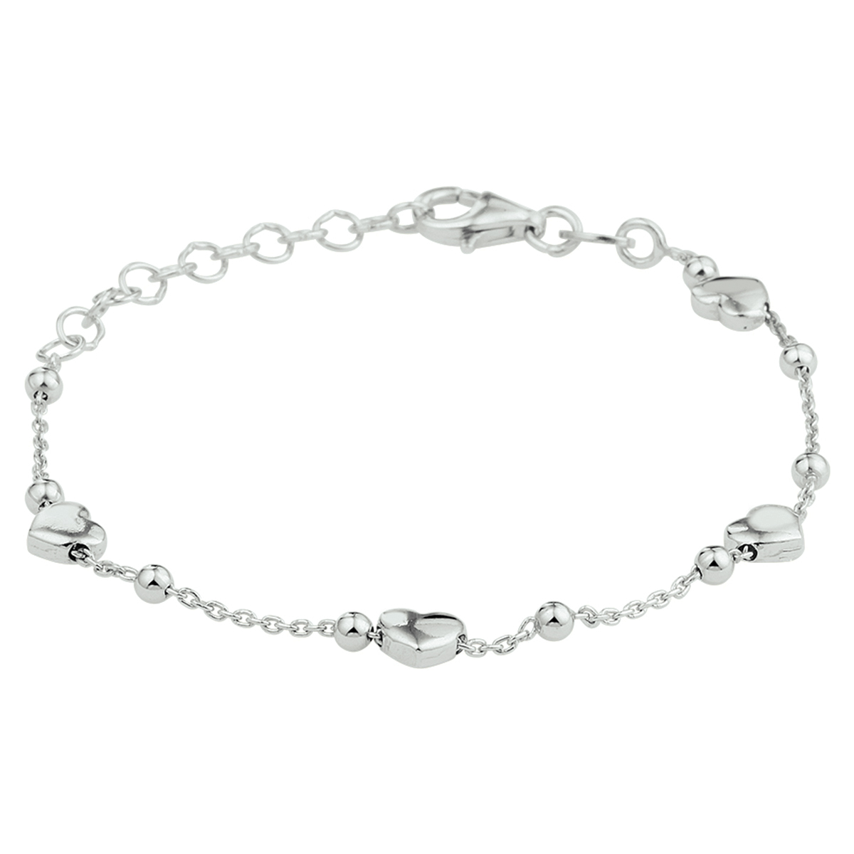 Gerhodineerd 925 zilveren armband uitgevoerd met bolletjes en schattige hartjes. De armband heeft een draaglengte van 13cm met een extensie van 3cm en een stevige karabijn sluiting. De hartjes hebben een afmeting van 5x5.5mm. De schakelbreedte is 2.5mm.