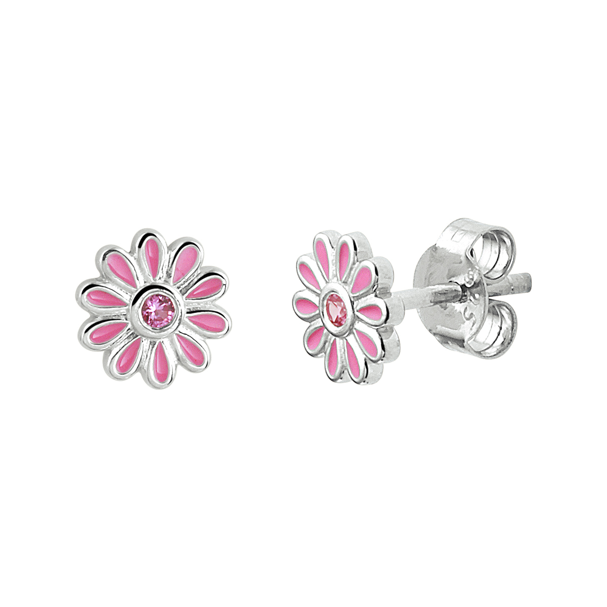Gerhodineerd 925 zilveren oorknoppen uitgevoerd in de vorm van een emaille bloem met een schitterende roze zirkonia. De oorknoppen hebben een diameter van 7mm.