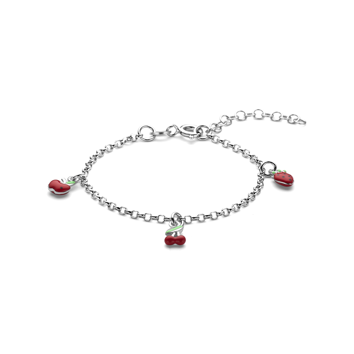 Gerhodineerd 925 zilveren armband uitgevoerd met fruit. De armband heeft een draaglengte van 13cm met 3cm extensie.