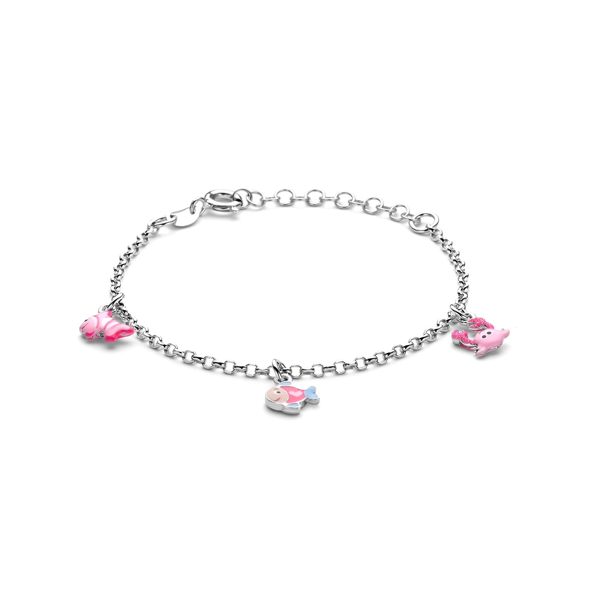 Gerhodineerd 925 zilveren armband uitgevoerd met zeedieren. De armband heeft een draaglengte van 13cm met 3cm extensie.