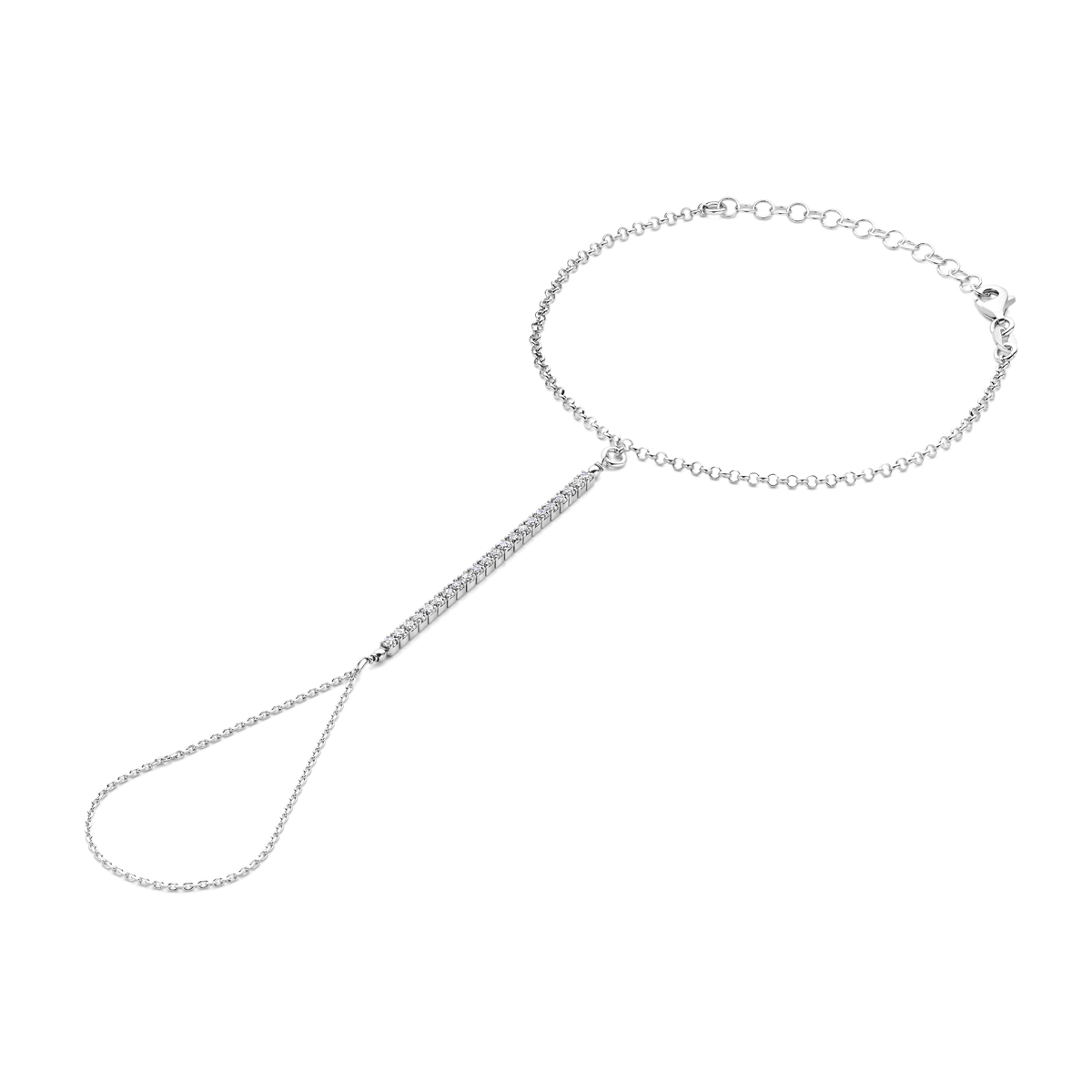 Gerhodineerd 925 zilveren handsieraad met een schakelbreedte van 2mm. Het handsieraad heeft een draaglengte van 17+5cm. Uitgevoerd met zirkonia en karabijnsluiting.