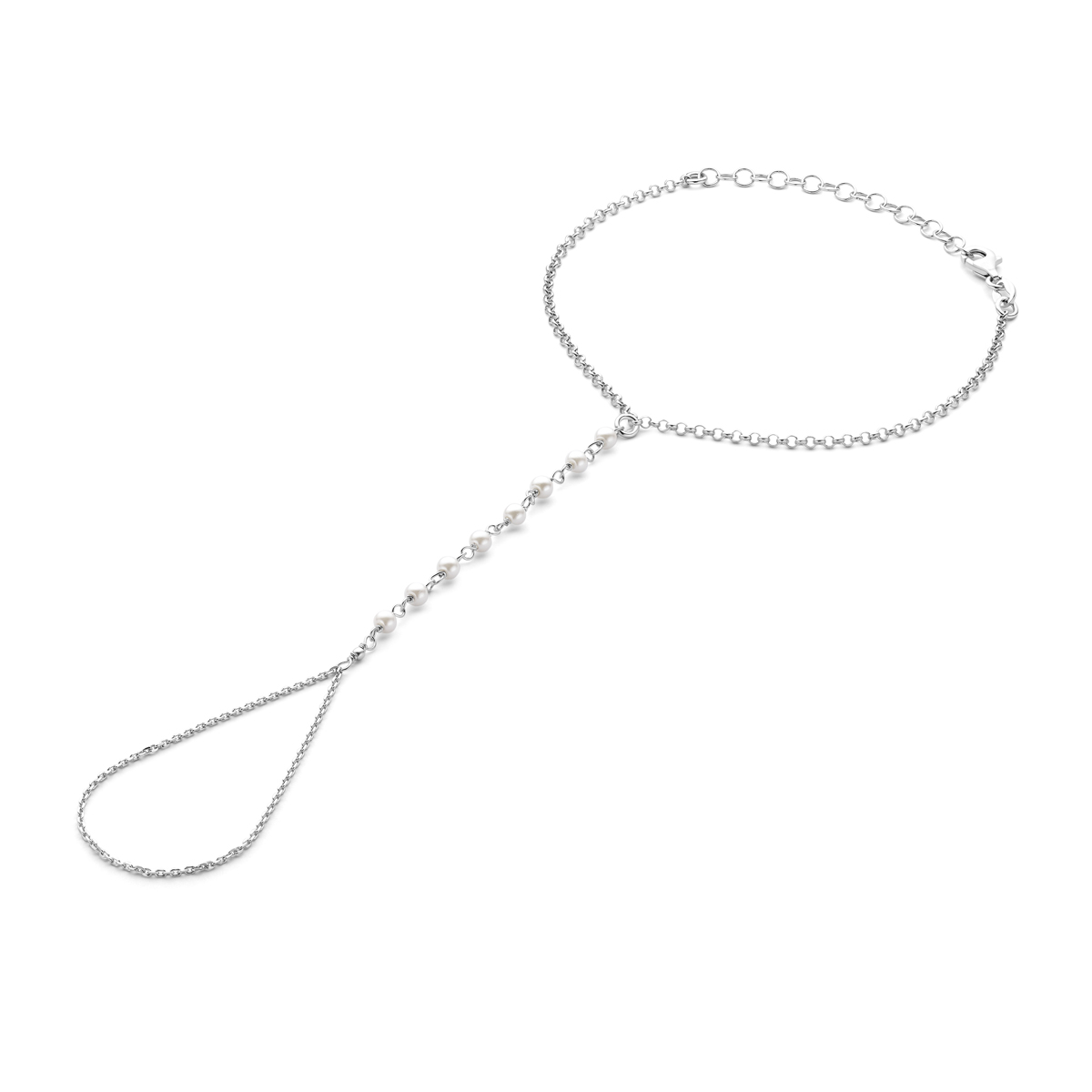 Gerhodineerd 925 zilveren handsieraad met een schakelbreedte van 2mm. Het handsieraad heeft een draaglengte van 17+5cm. Uitgevoerd met parels en karabijnsluiting.