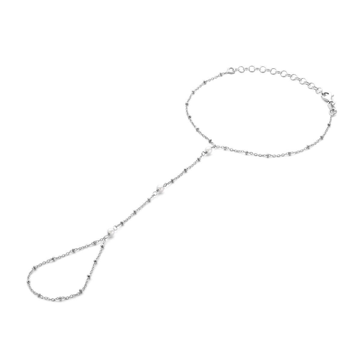 Gerhodineerd 925 zilveren handsieraad met een schakelbreedte van 1,7mm. Het handsieraad heeft een draaglengte van 17+5cm. Uitgevoerd met parels en karabijnsluiting.