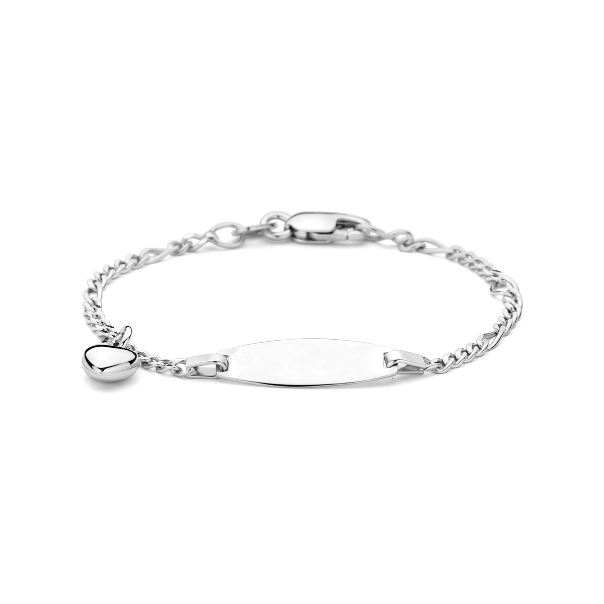 Gerhodineerd 925 zilveren graveerarmband uitgevoerd met een hartje. De armband heeft draaglengtes van 11-13cm en een schakelbreedte van 2mm. Het graveerplaatje heeft een afmeting van 6.5x19.5mm.