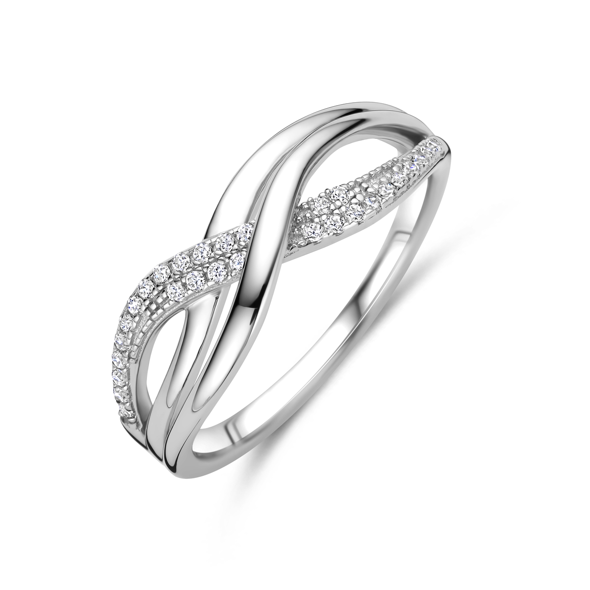Gerhodineerd zilveren 925 ring uitgevoerd met zirkonia. De ring heeft een breedte van 7mm
