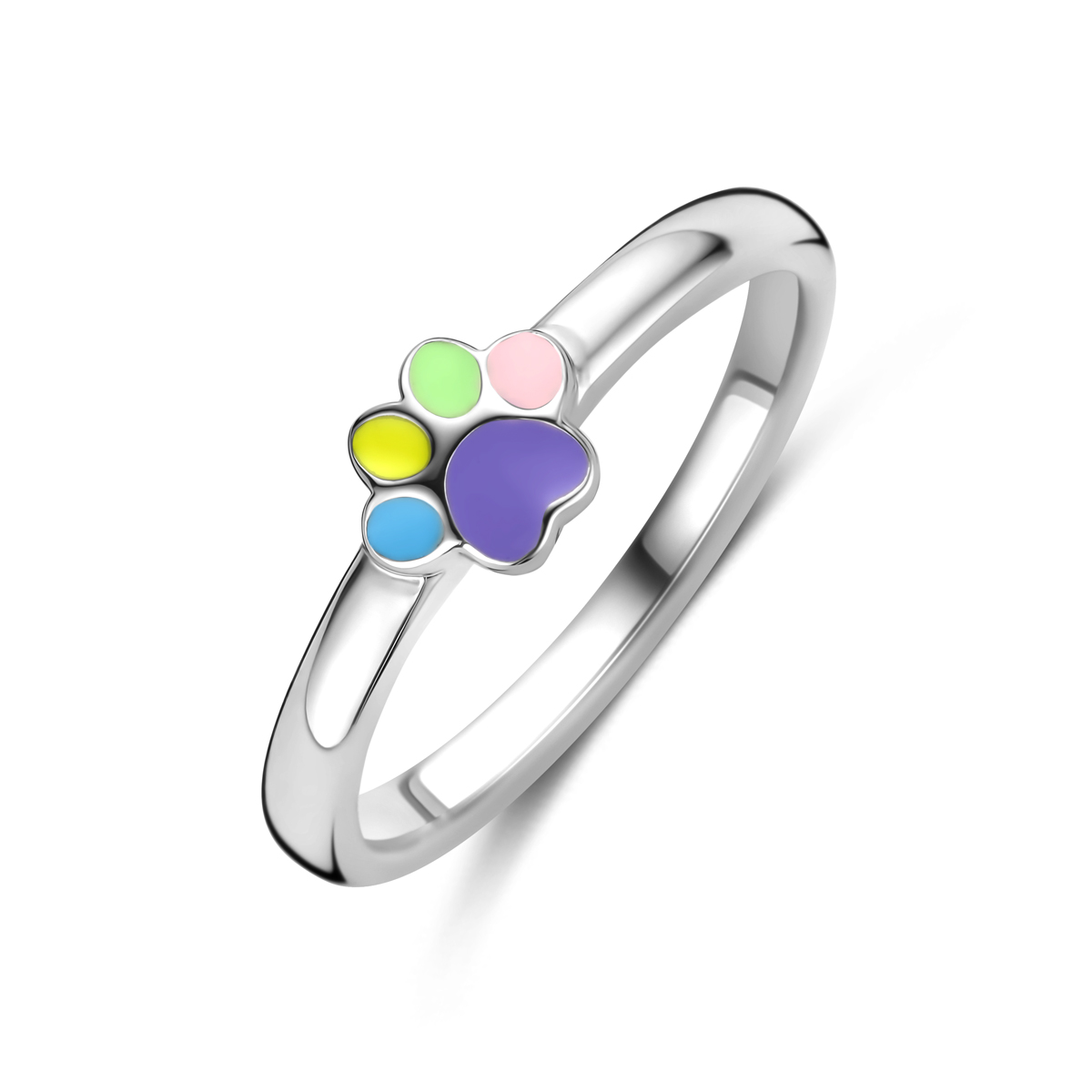 Gerhodineerd 925 zilveren ring uitgevoerd met emaille hondenpoot. De ring heeft een breedte van 5mm.