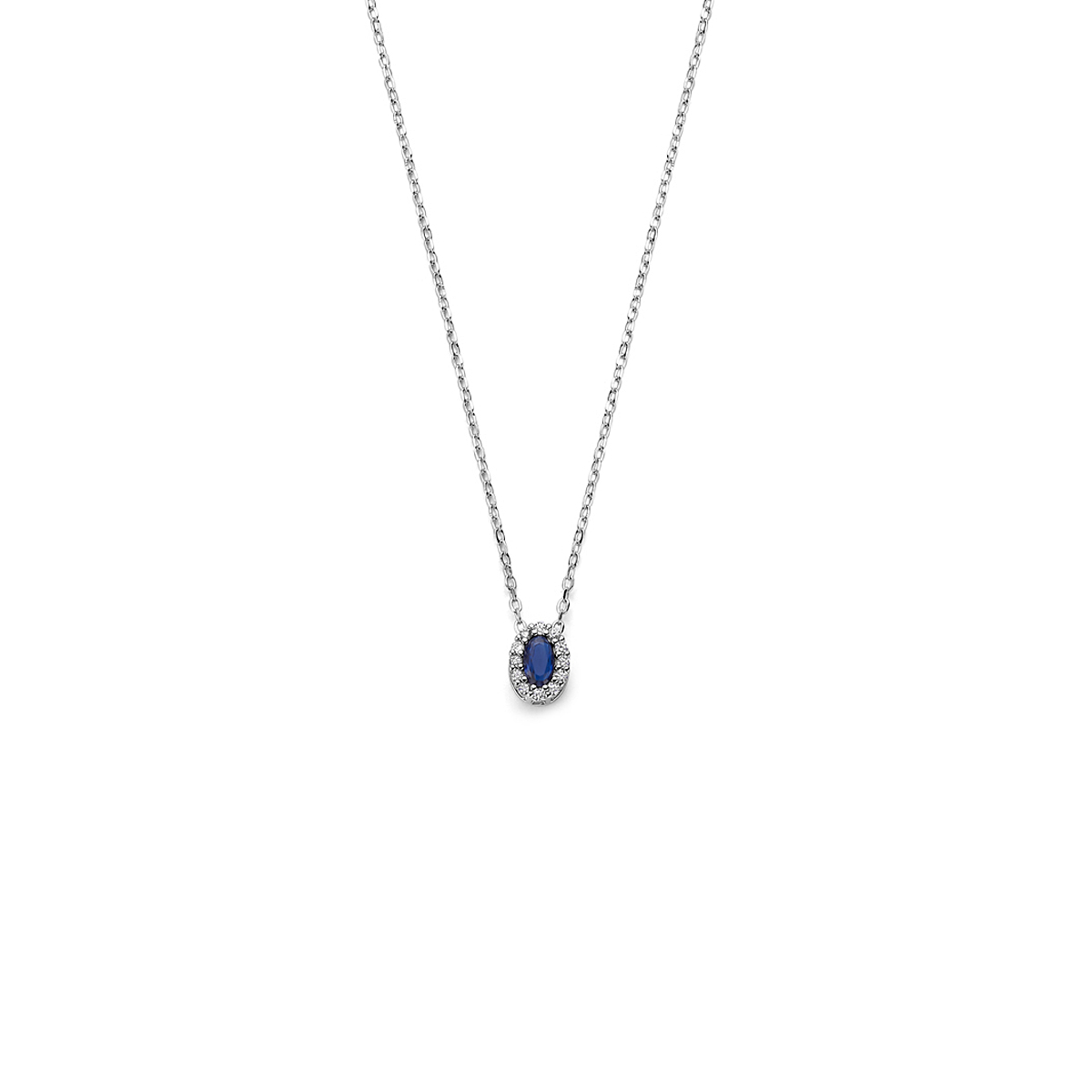 Gerhodineerd 925 zilveren collier uitgevoerd met saffier en zirkonia. Het collier heeft draaglengtes van 41-43-45cm.