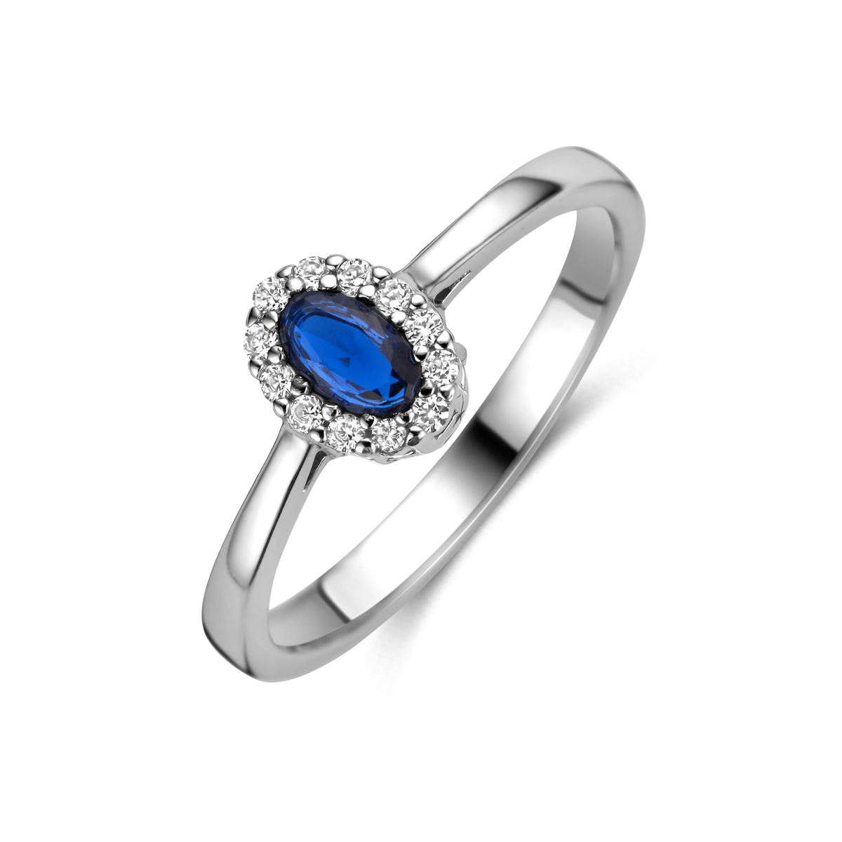 Gerhodineerd 925 zilveren ring uitgevoerd met saffier en zirkonia. De ring heeft een afmeting van 8x6mm.
