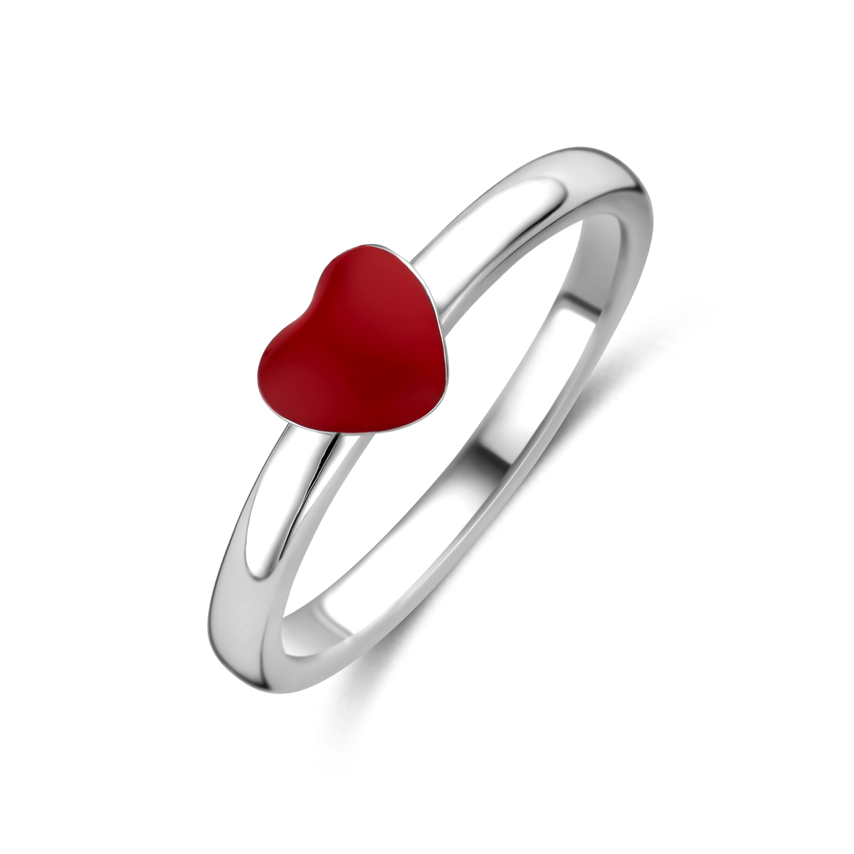 Gerhodineerd 925 zilveren ring uitgevoerd met een emaille hartje. De ring heeft een afmeting van 4.5x5mm.