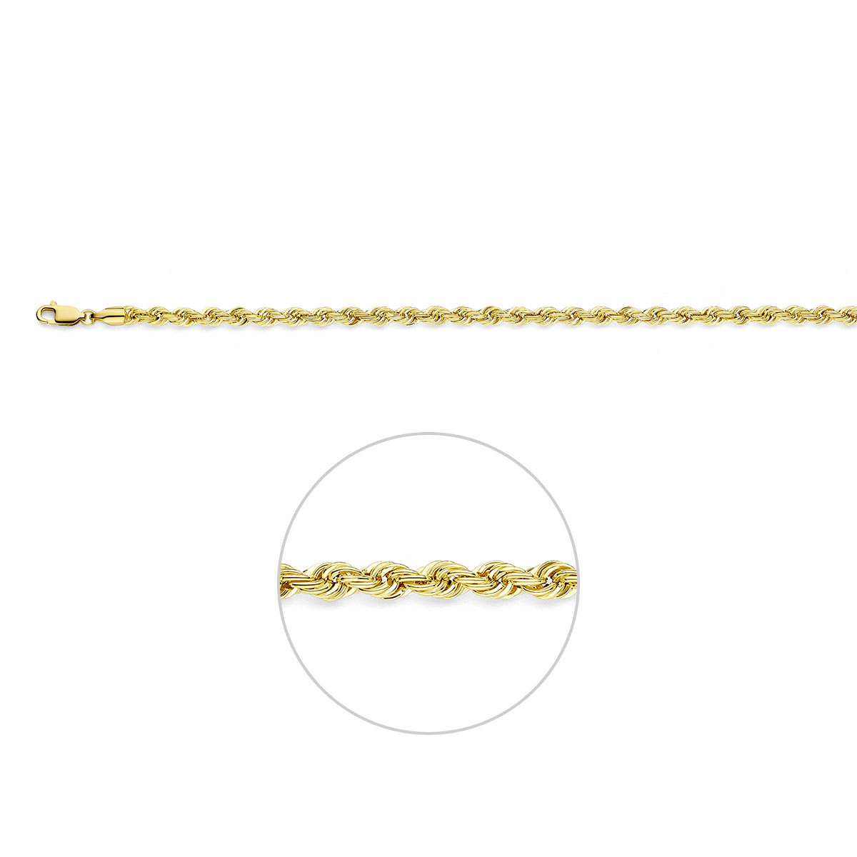 14k Geelgouden lengte artikel met koord schakel. De schakelbreedte is 3.9mm. Uitgevoerd met karabijnsluiting.