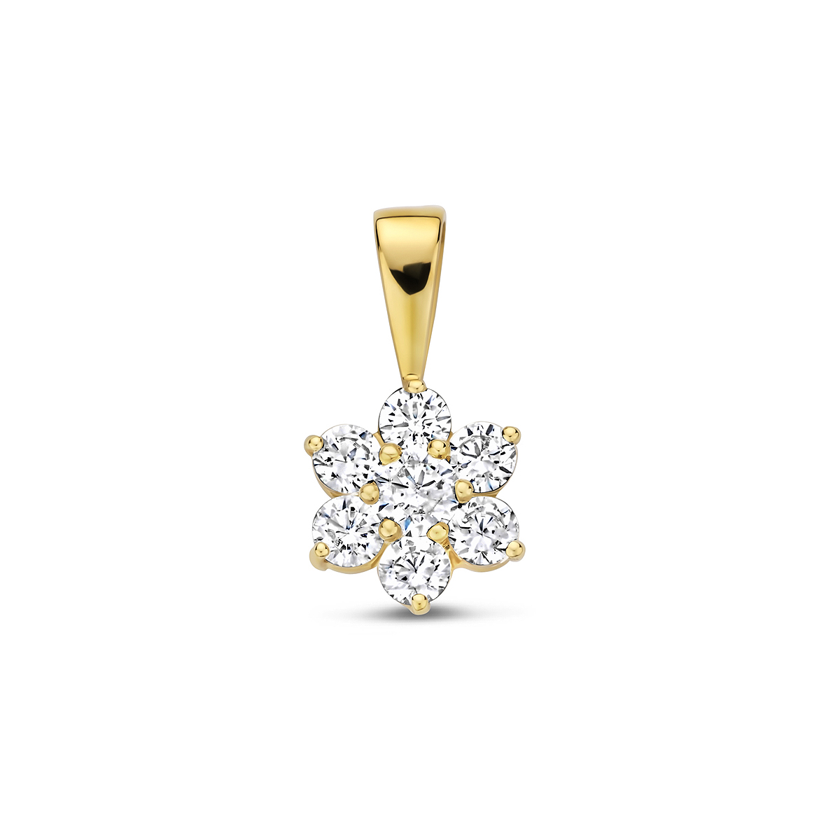 Geelgouden hanger met zirkonia. De hanger is onderdeel van een set.