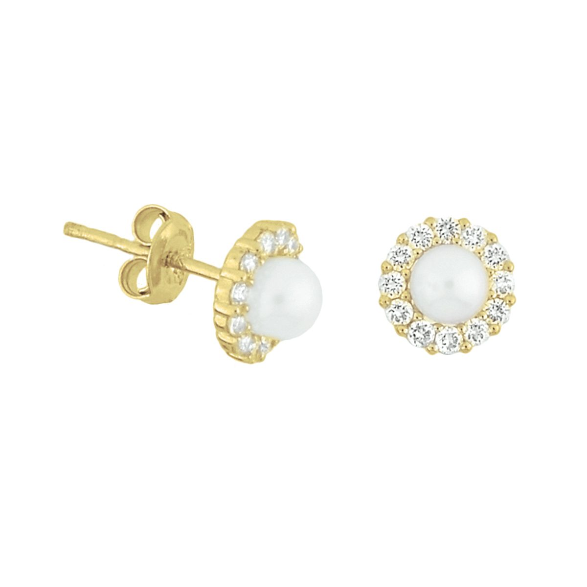 Geelgouden oorknoppen met zoetwaterparel en zirkonia.