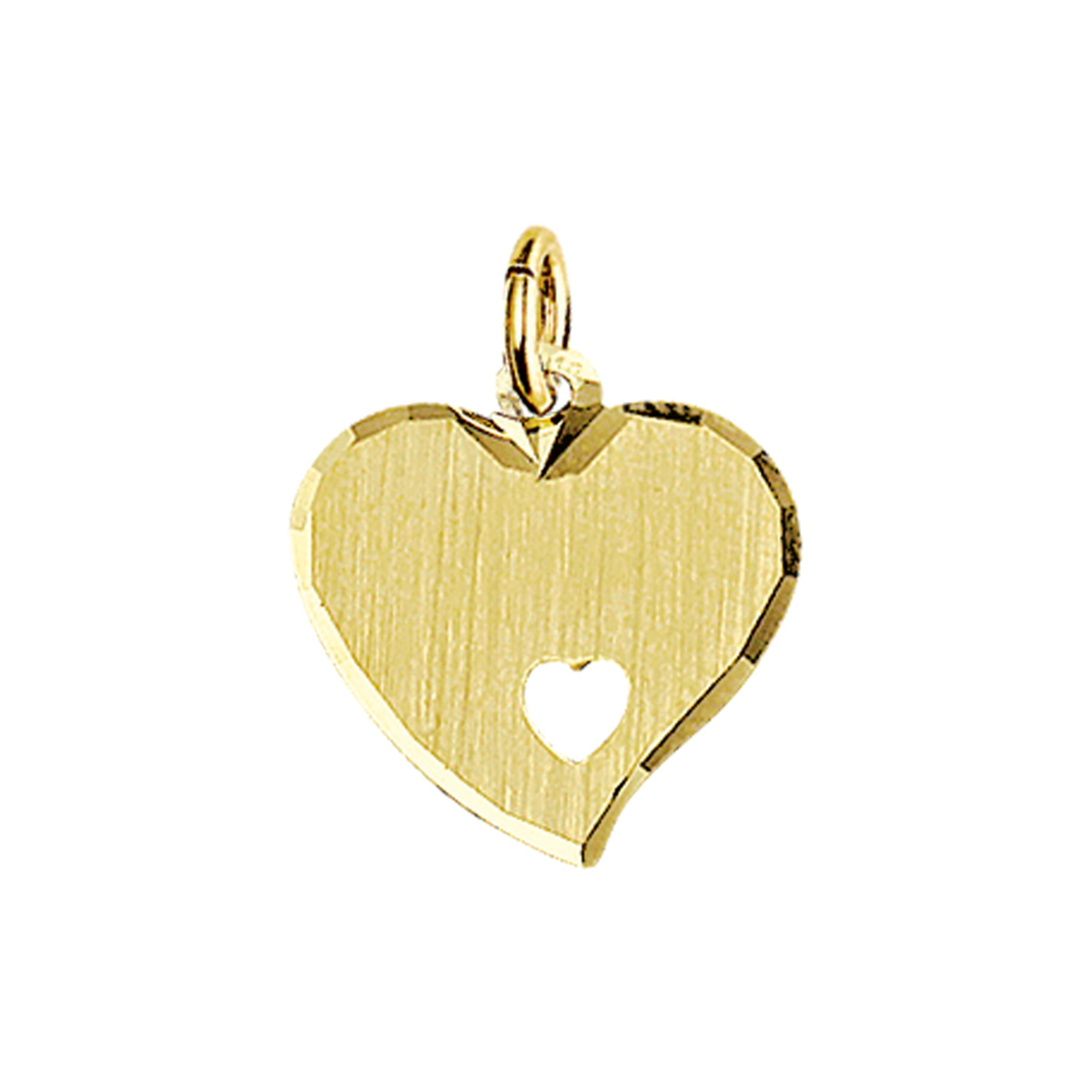 Geelgouden graveerhart met een gediamanteerde afwerking. De hanger heeft een dikte van 0.6mm.