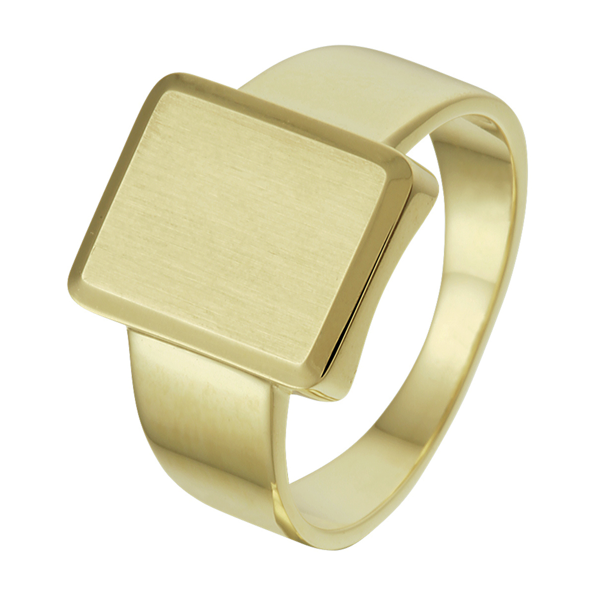 Stijlvolle 14k geelgouden massieve graveerring met een afmeting van 15x12mm. De ring geeft je look direct een chique uitstraling.