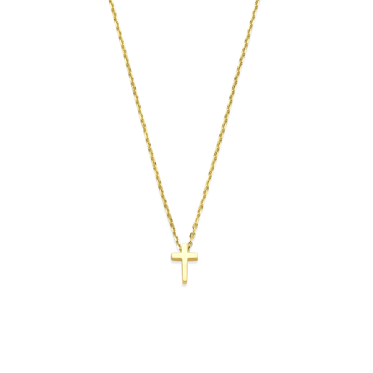 14k Geelgouden collier uitgevoerd met een kruis. Het collier heeft draaglengtes van 41-43-45cm en een schakelbreedte van 1mm.